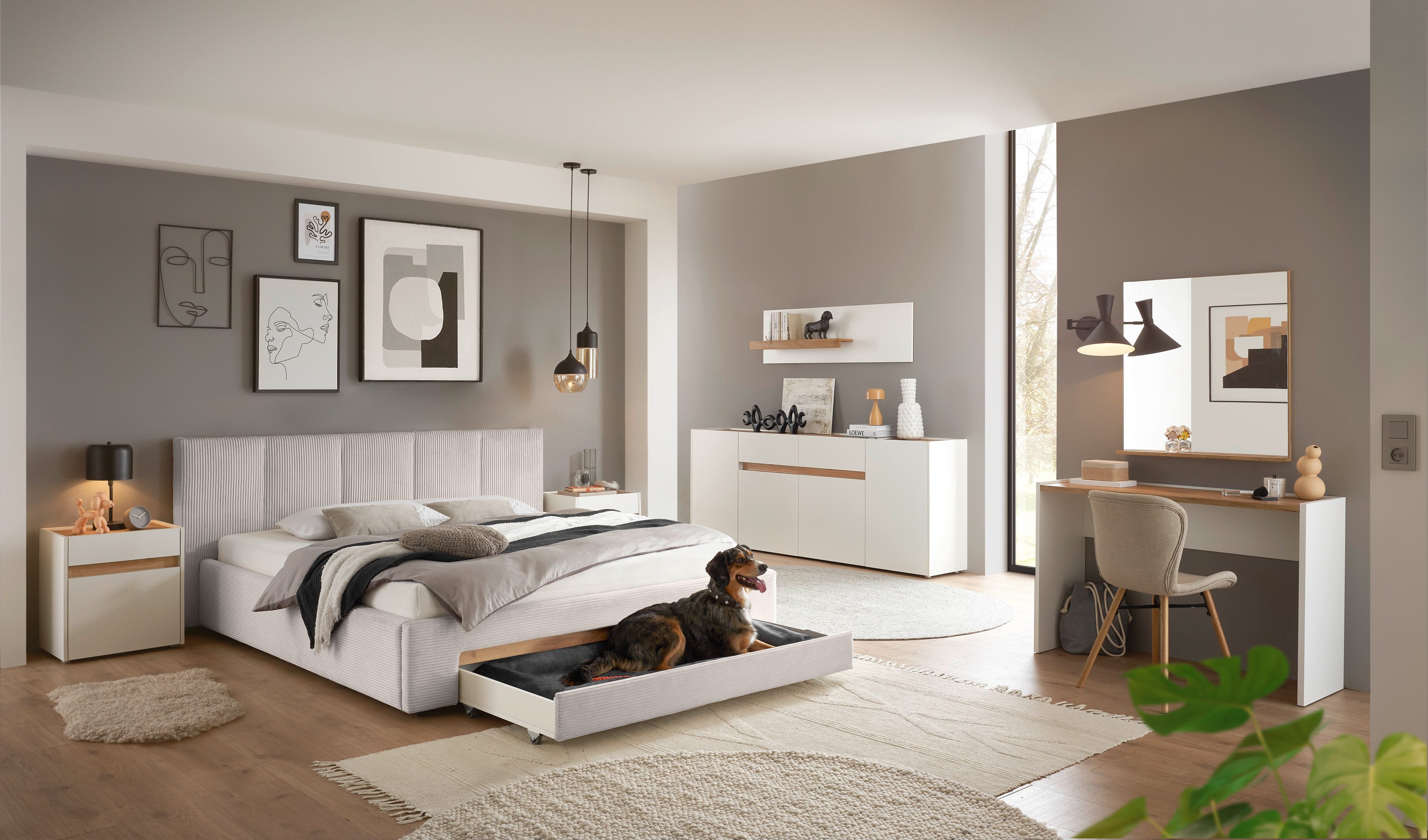 INOSIGN Gestoffeerd bed CiTY/GiRON, bedframe met bedlade, gestoffeerd opbergbed met hondenbed of opberglade, bekleding van corduroy of linnenlook