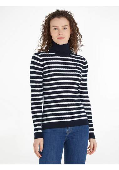 tommy hilfiger coltrui skinny cable roll-nk sweater blauw