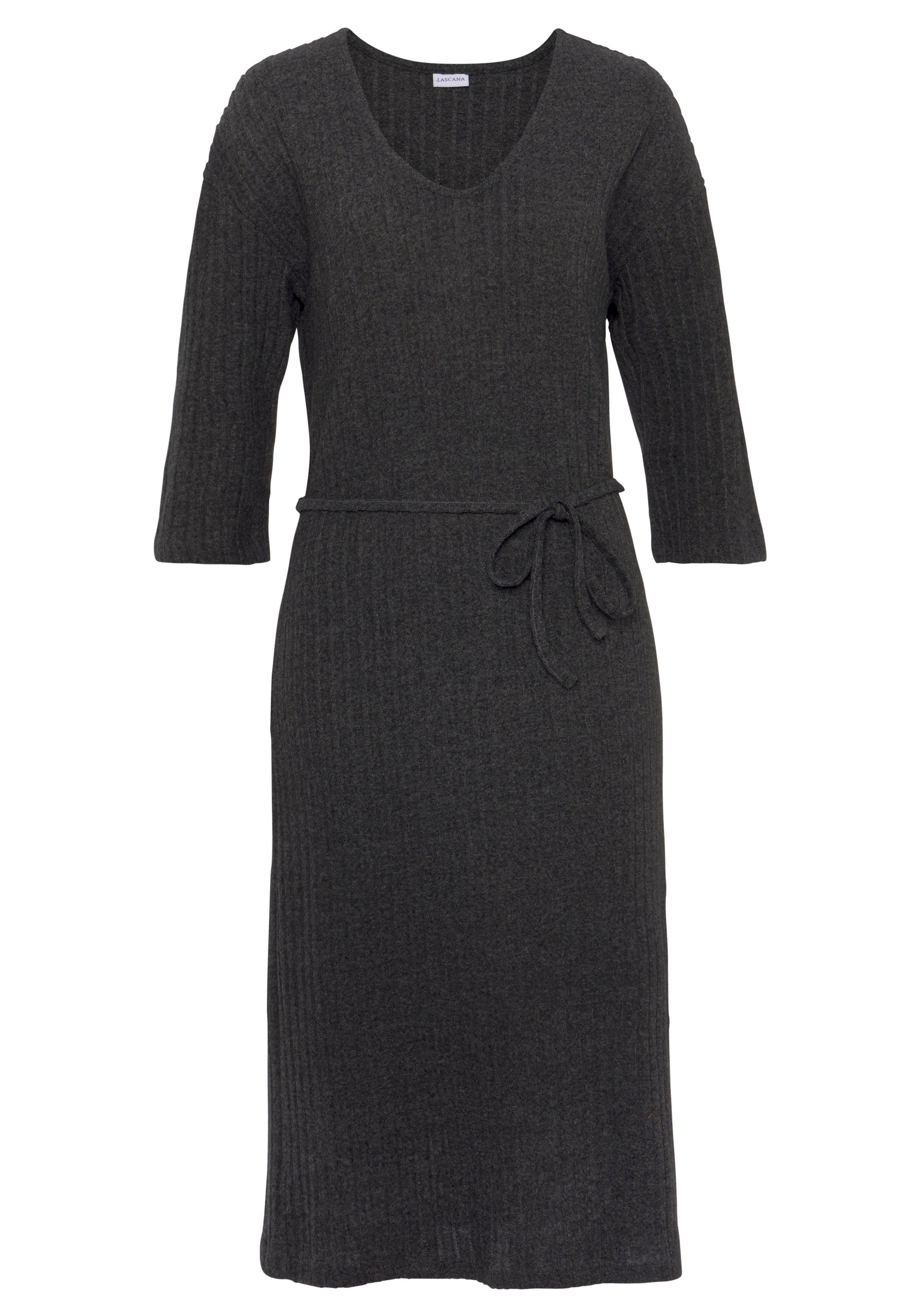 Lascana Gebreide jurk - Ribgebreide jurk, loungejurk Lounge-/rib jurk met wijde mouwen en tailleband, loungewear (1-delig)