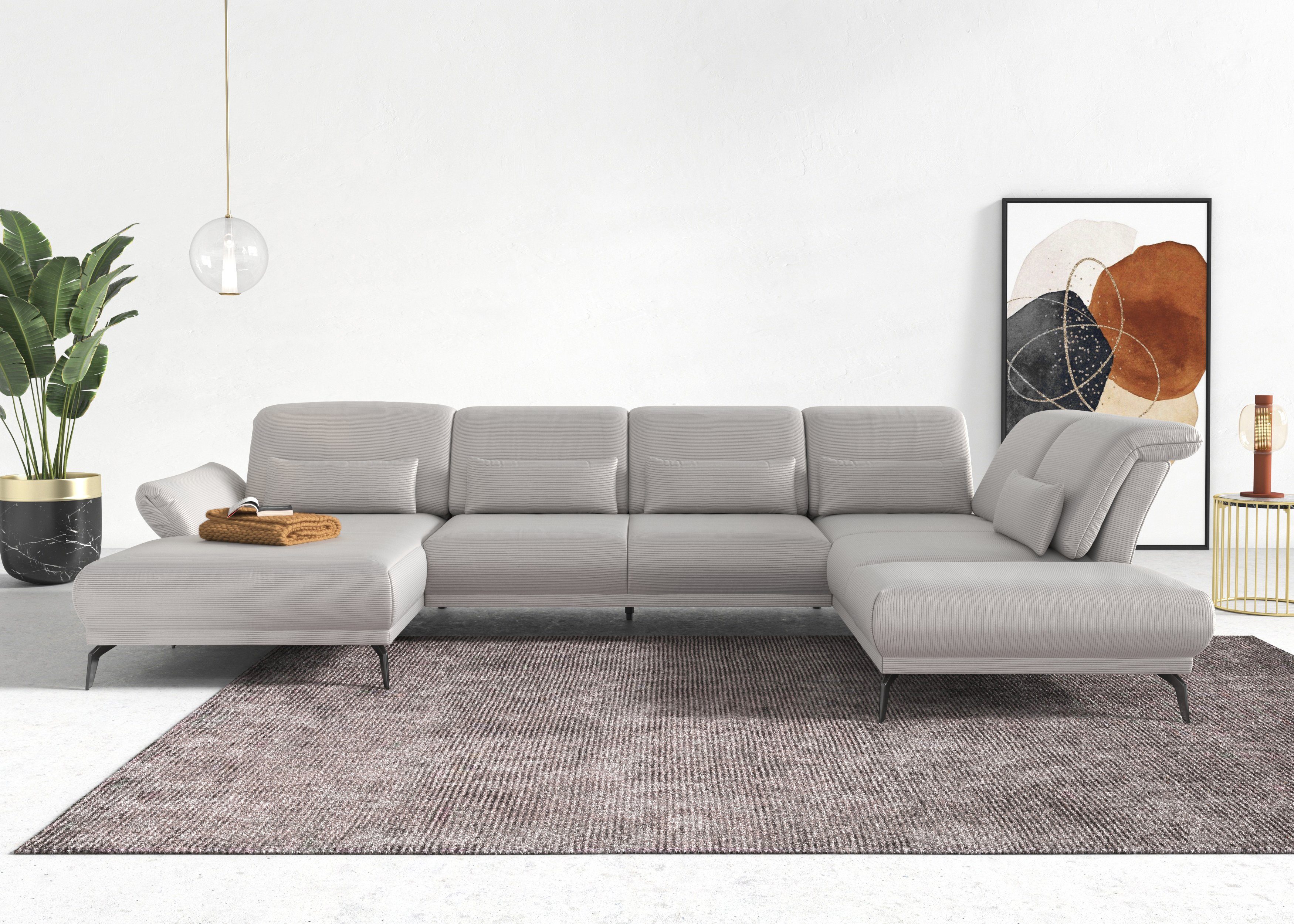 INOSIGN Zithoek Coco U-vorm Verstelbare zitdiepte, armleuning en hoofdeind, cordbekleding, poothoogte 15 cm
