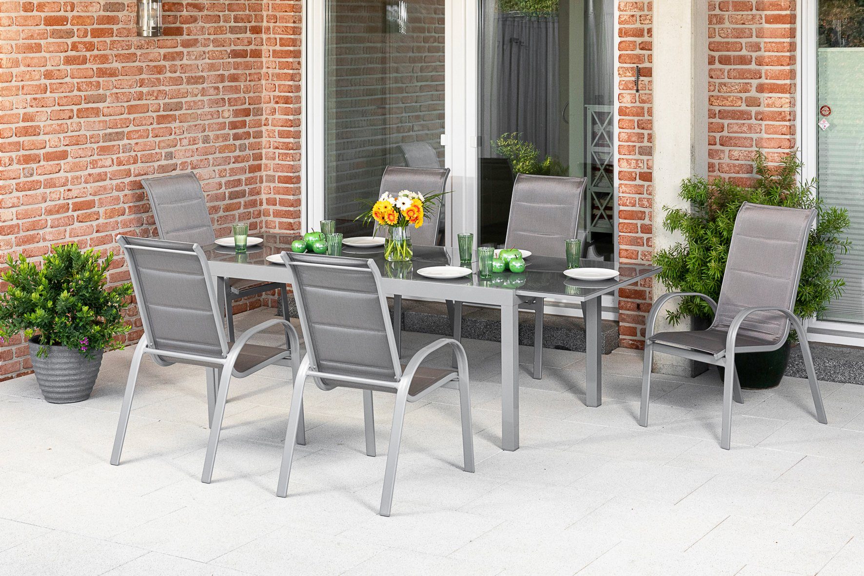MERXX Tuin-eethoek Amalfi di lusso 6 stapelstoelen, stoel met een hoge rugleuning, met uittrekbare tafel (7-delig) tuinsets grijs