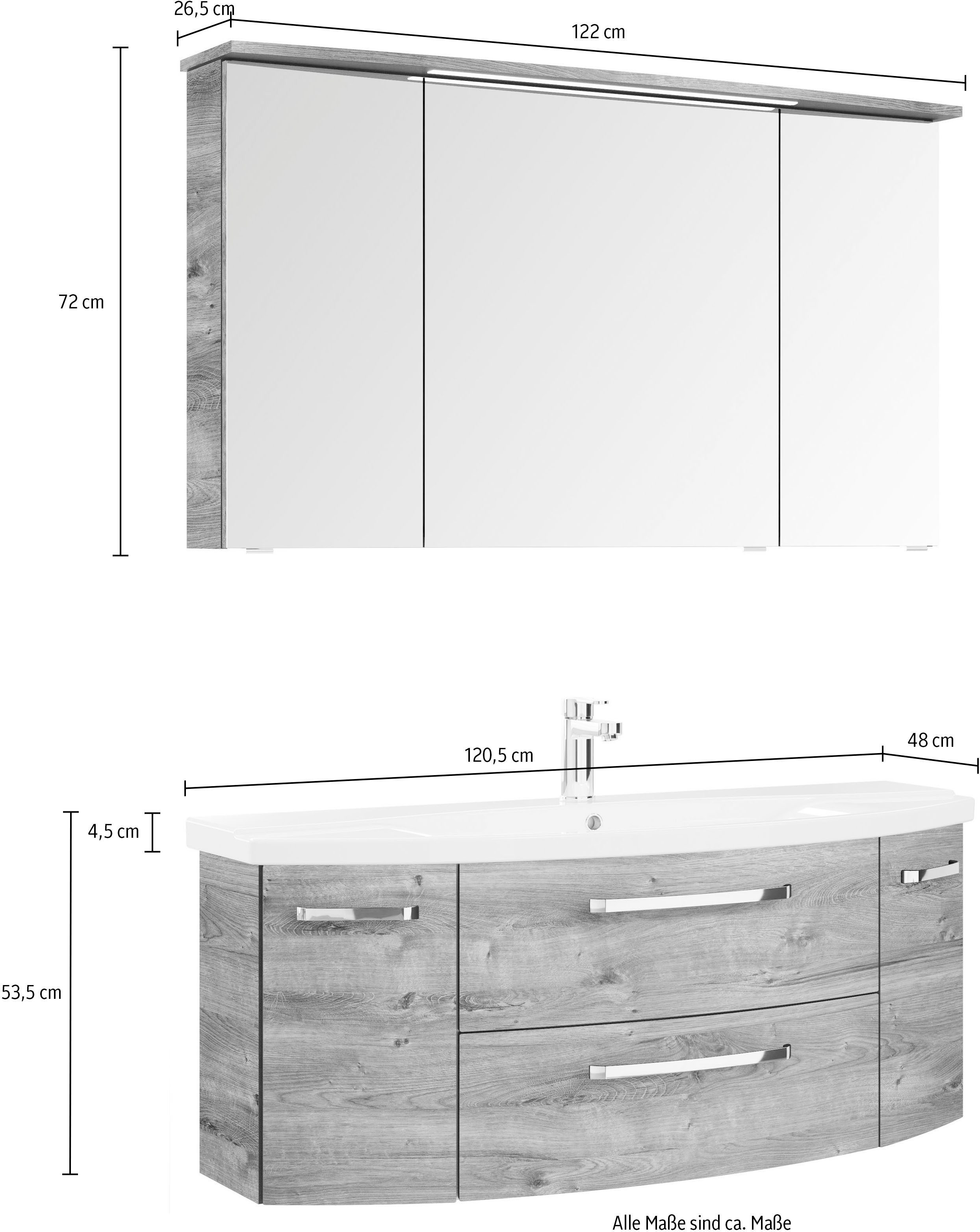 Saphir Badmeubelset Serie 4010 2-delig keramische wastafel met LED-spiegelkast Badkamer set 122 cm breed, incl. deurdemper, 5 deuren, 2 lades (set)