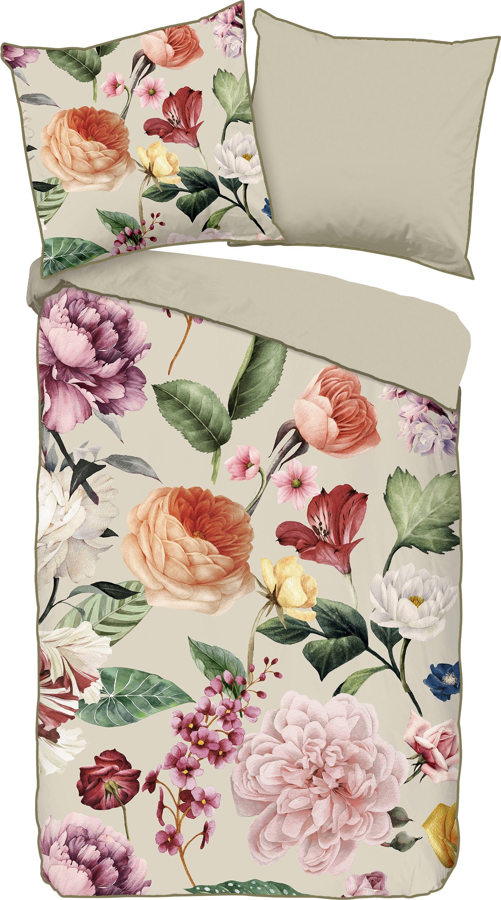 Descanso Tweezijdig te gebruiken overtrekset Fiori Katoen, Satijn, 135x200, Bies, Rits, Omkeerbaar, Bloemen Zand