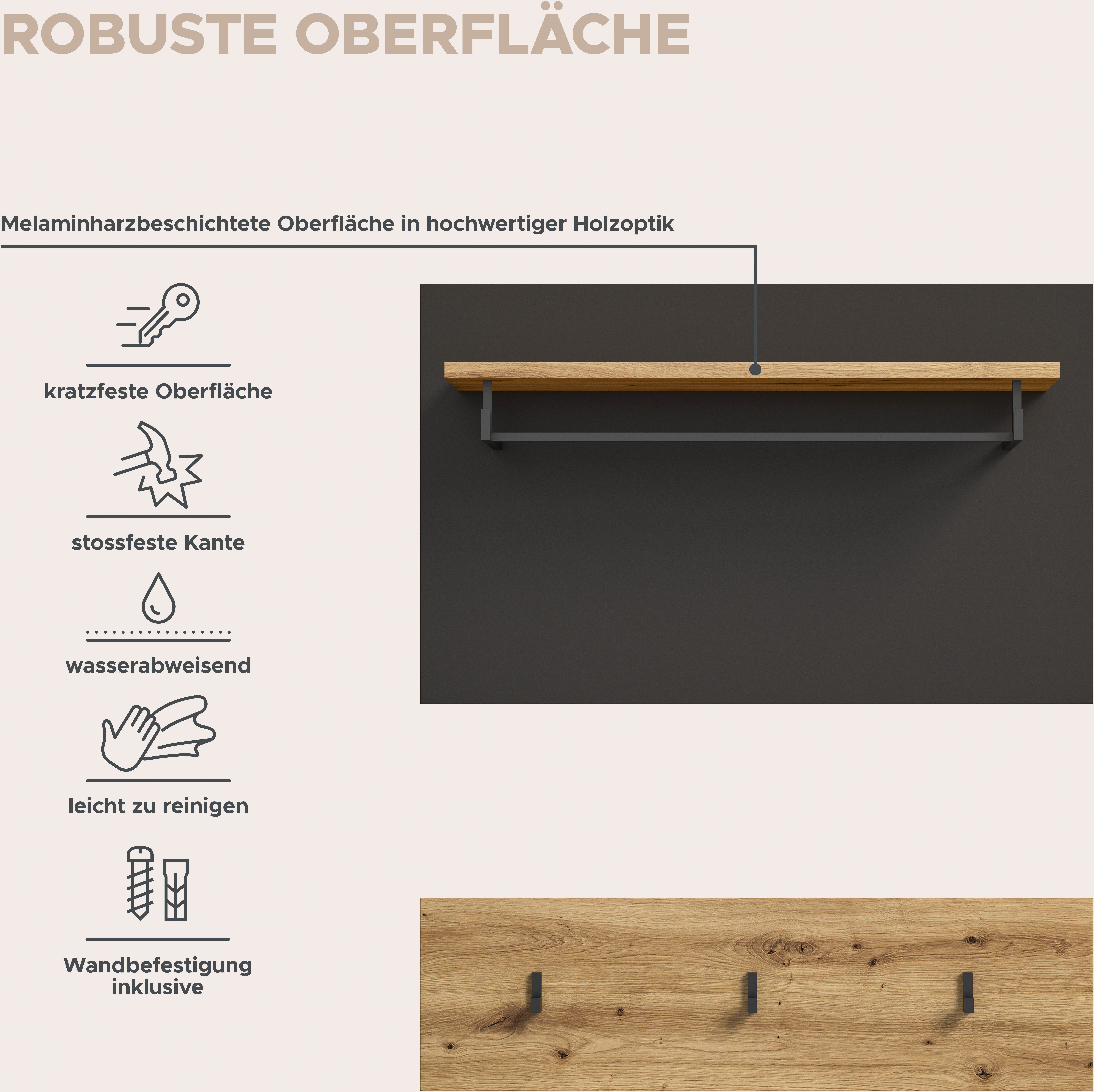 INOSIGN Kapstokpaneel Rehat, Breedte 80cm, 2-delig, 3 haken, met hoedplank