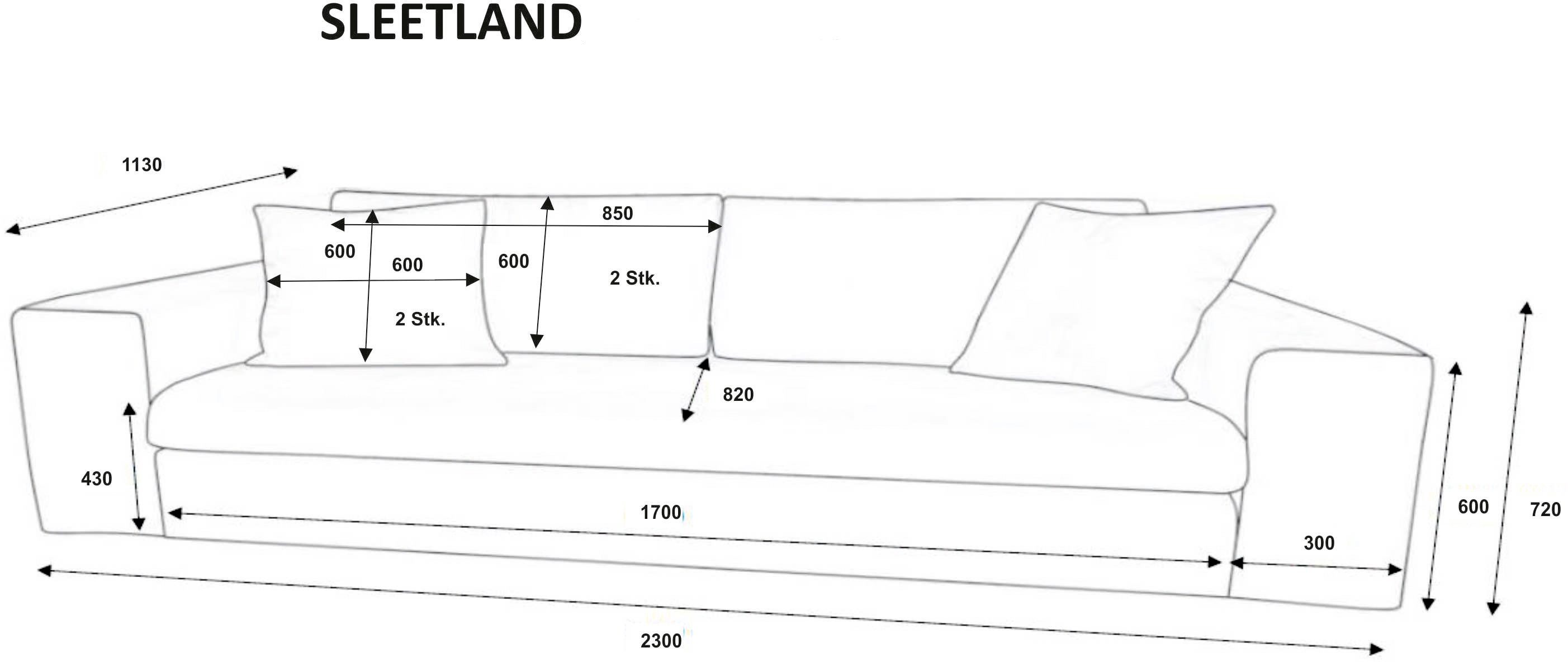 andas 2-zitsbank SLEETLAND XXL in fluweel of vintage lederlook