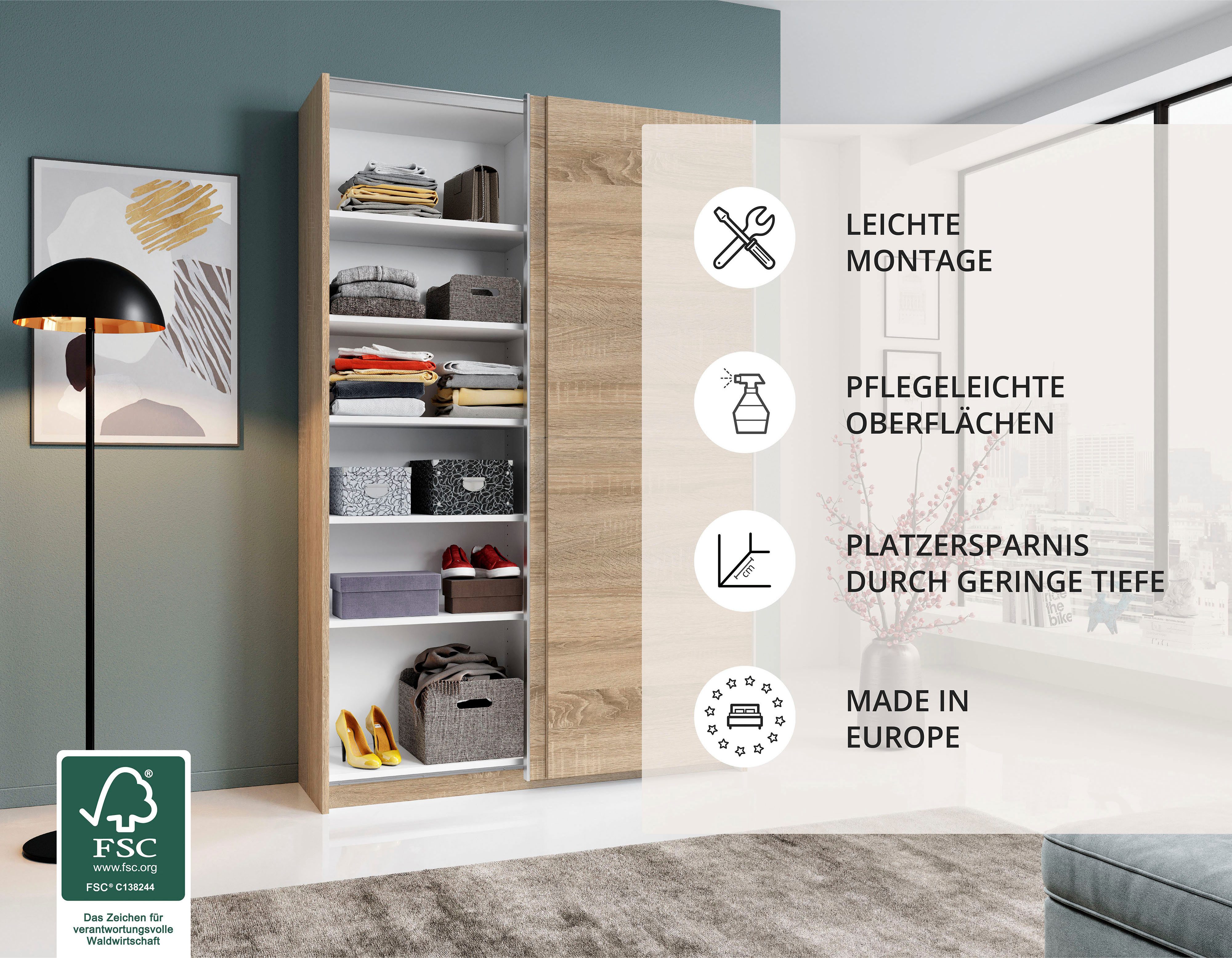 Schlafkontor Schuifdeurkast Heimo/Fast kast kledingkast garderobe OTTO´s CHOICE weinig diepte, uitschuifbare kledingstang, garderobekast, 6 planken