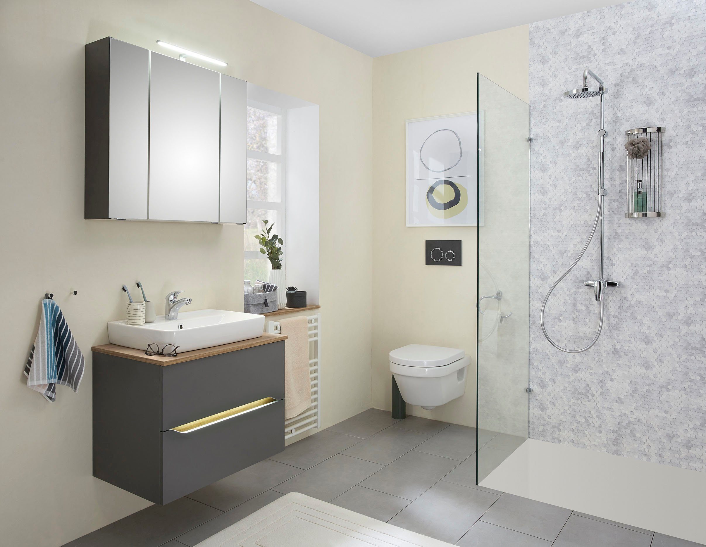 Saphir Badkamerserie Quickset 2-delig, keramieken opzetwasbak met led-spiegelkast Wastafel 80 cm breed, inclusief deurdemper, 3 deuren, 2 lades (5-delig)