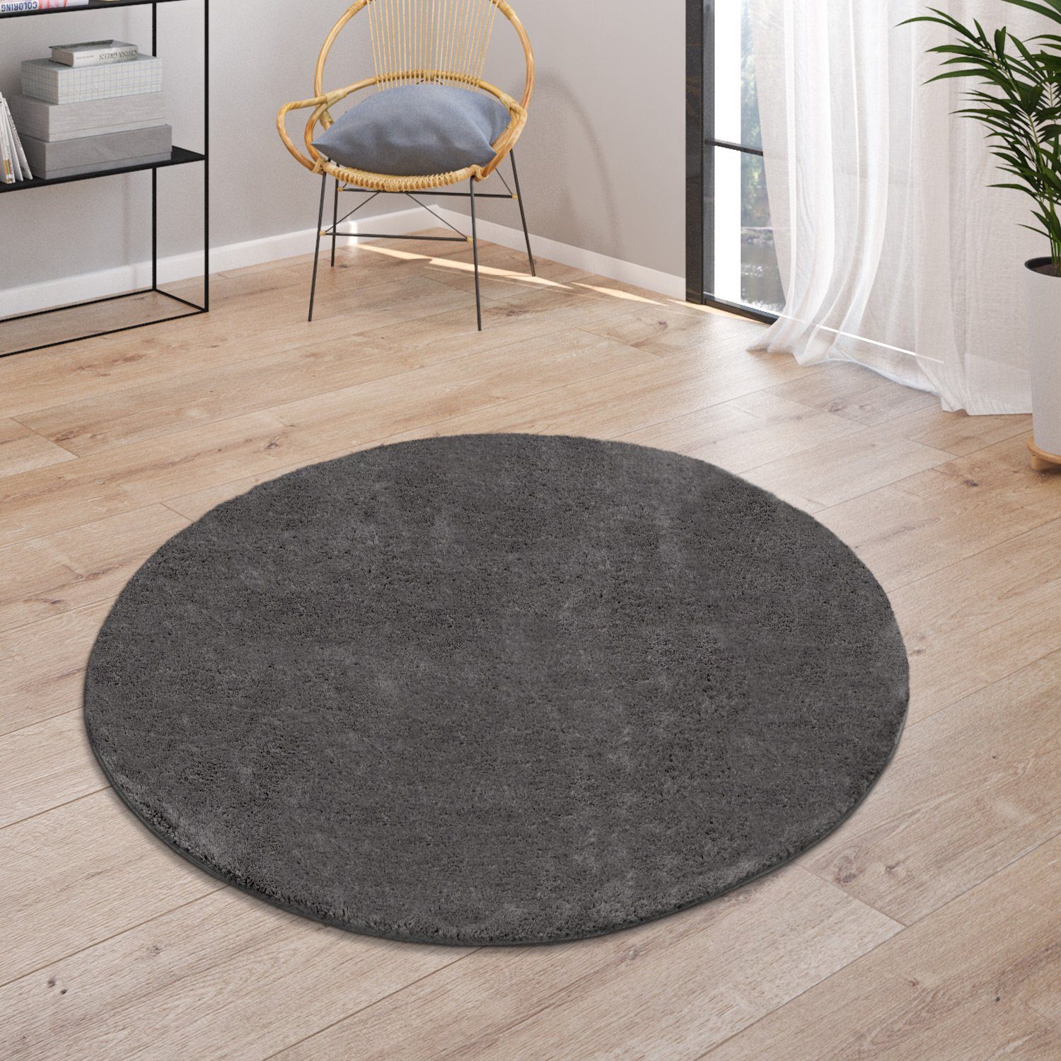 Paco Home Vloerkleed Cadiz 630 Korte pool, unikleuren, bijzonder zacht, wasbaar, woonkamer moderne vloerkleden maat Ø 200 cm x 14 mm grijs