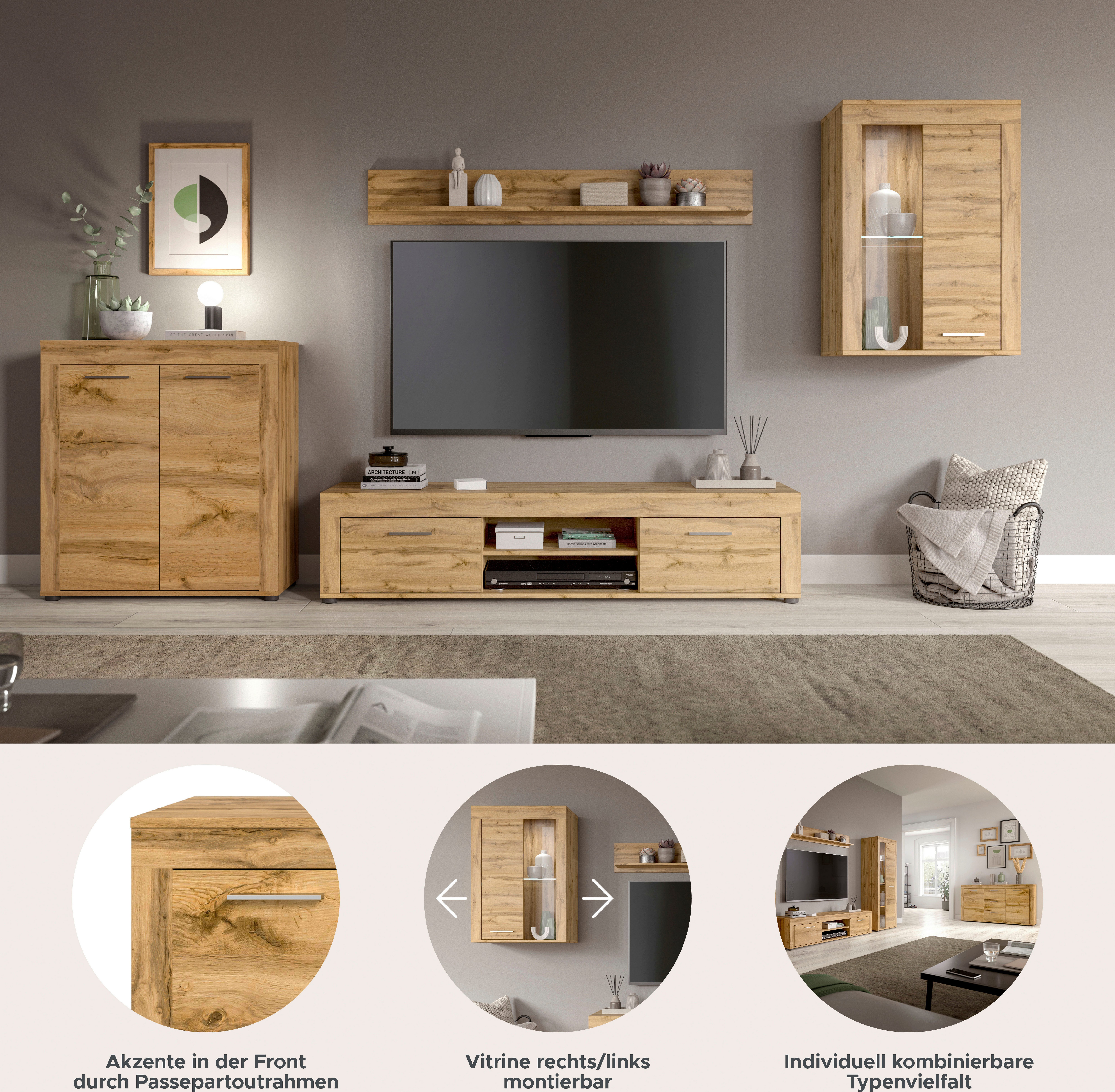INOSIGN Wandmeubel Aosta, 4-delig, bestaande uit: highboard, lowboard, wandplank & vitrinekast (4-delig)
