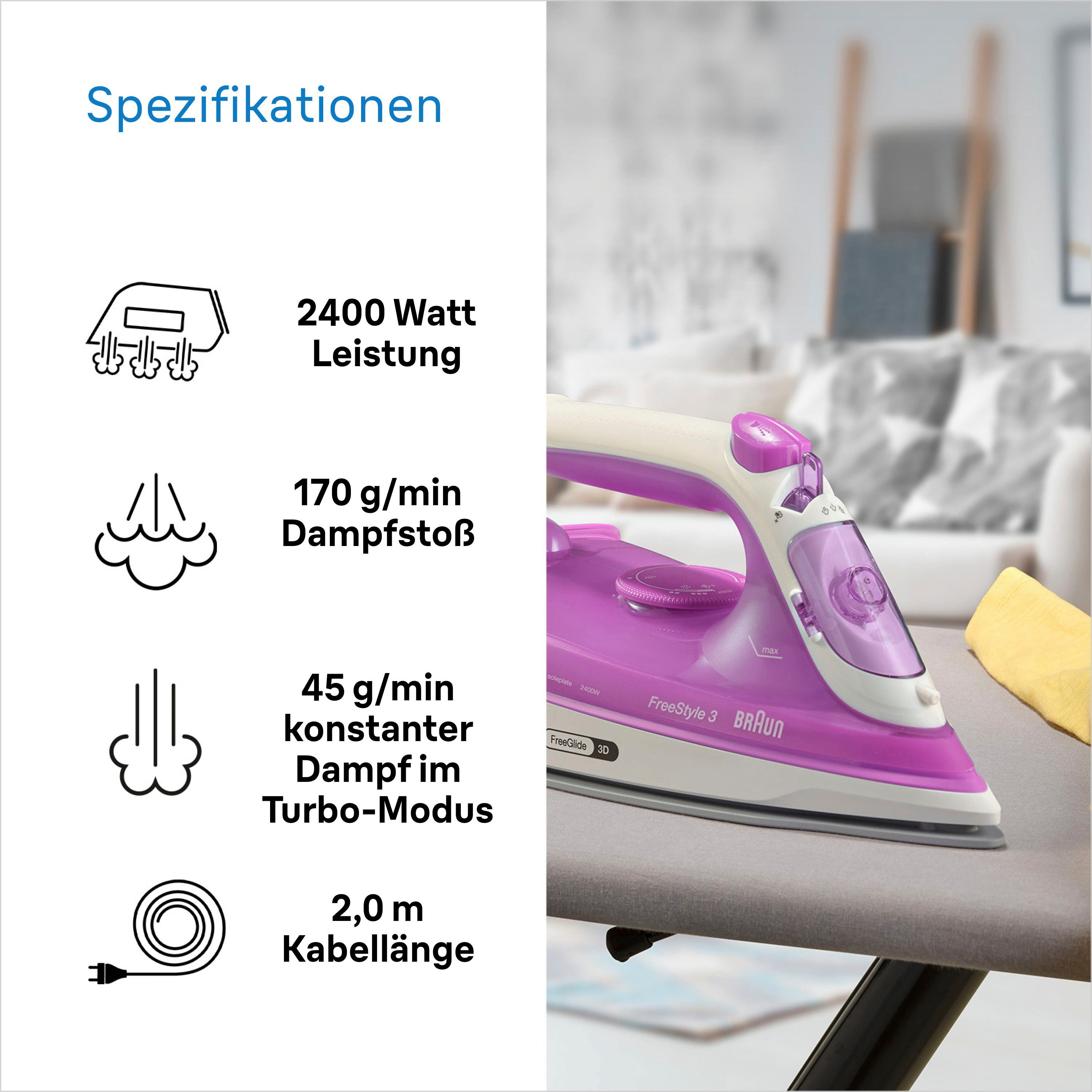 Braun Stoomstrijkijzer Braun FreeStyle 3 FI 3124 PU Dampfbügeleisen Weiß/Lila