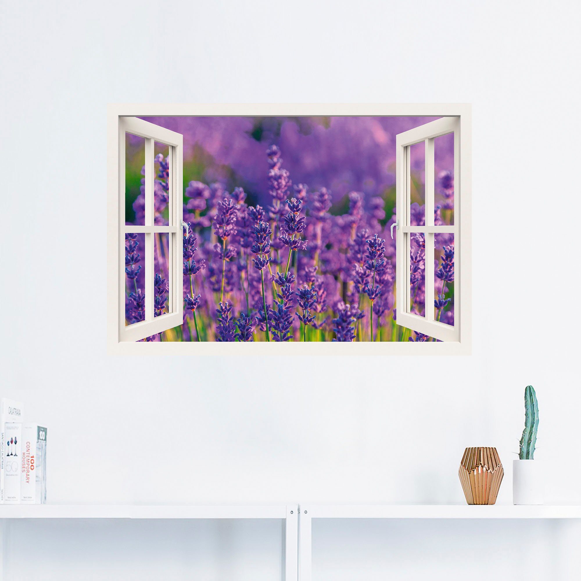 Artland Artprint Blik uit het venster lavendelveld in Tihany als artprint op linnen, muursticker in verschillende maten