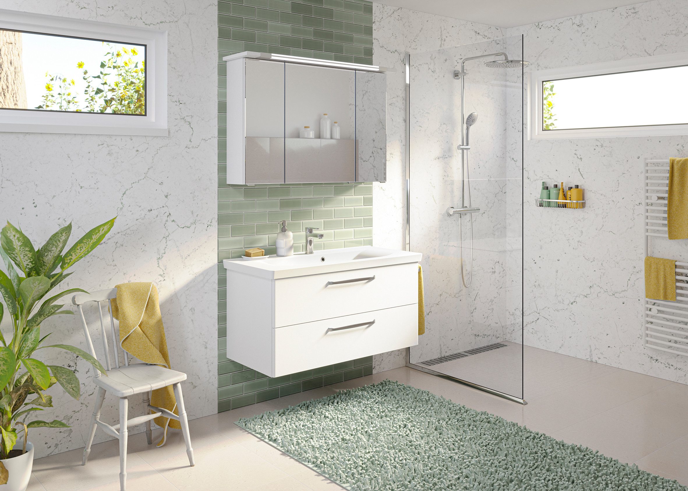 Saphir Badmeubelset Trentino 2-delig mineralen marmer wasbak, spiegelkast met LED-profiel (3 stuks)