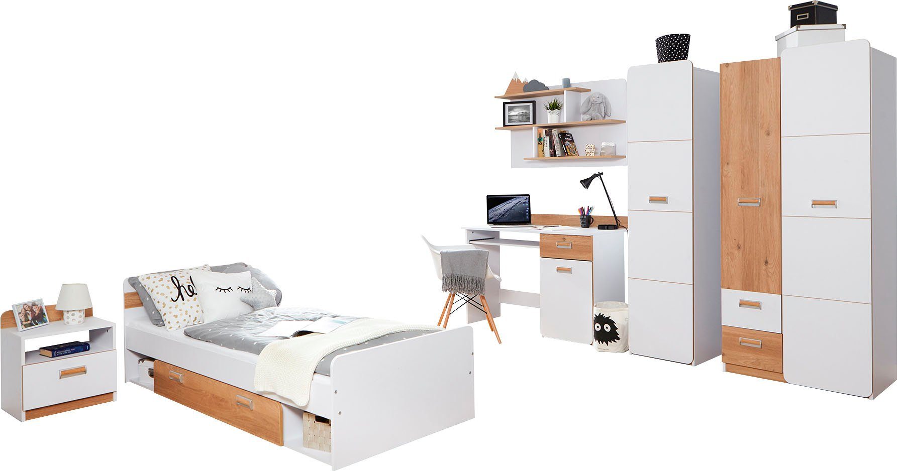 Ticaa Tienerkamerset Lori Bed + kast + bureau + staand rek + wandrek + nachtkastje (set, 6-delig)