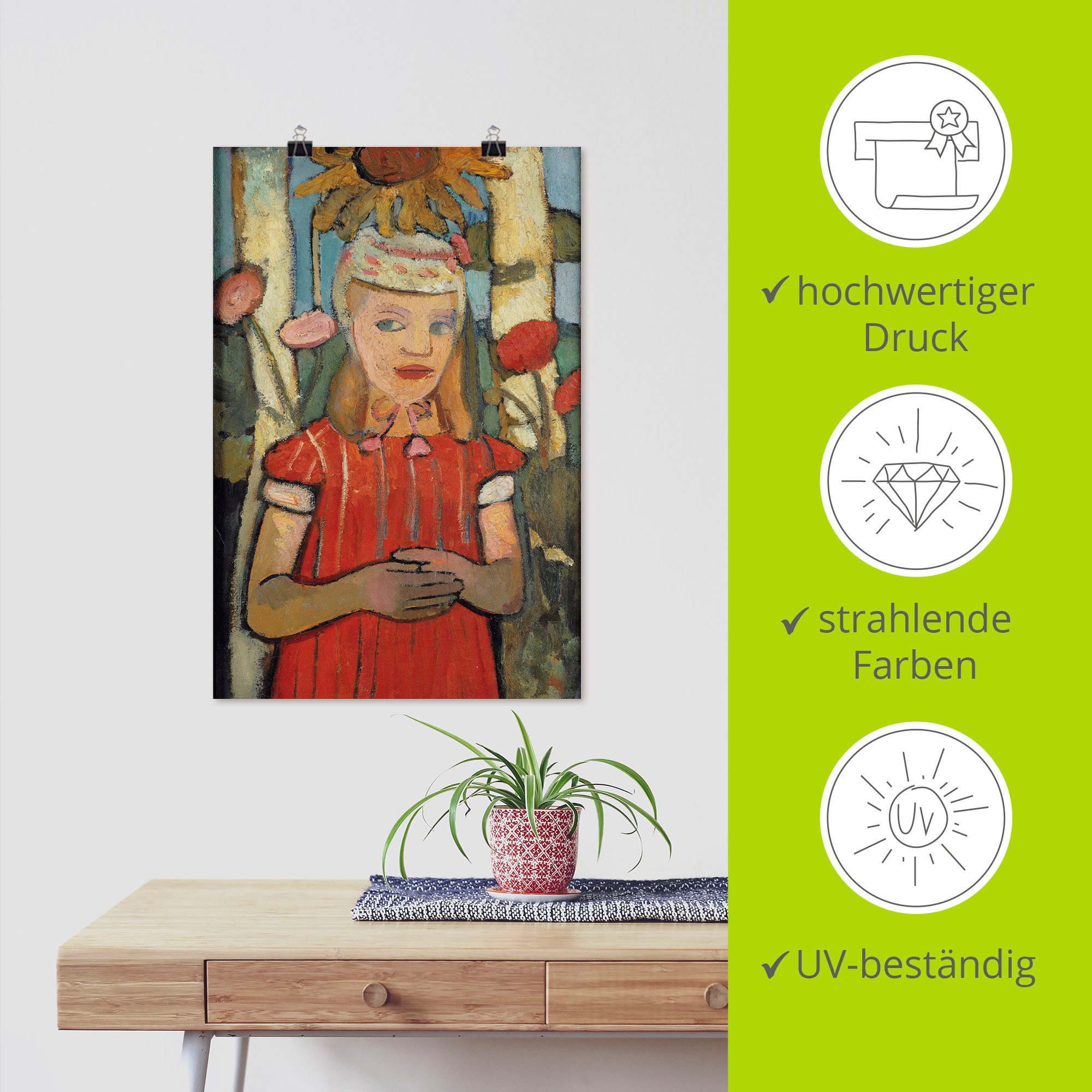 Artland Artprint Meisje in rode jurk voor zonnebloem. als artprint van aluminium, artprint op linnen, muursticker of poster in verschillende maten