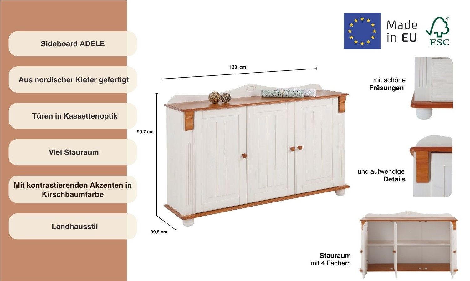 Home affaire Dressoir ADELE Commode, 3-deurs, breedte 130 cm, van massief dennenhout, FSC®