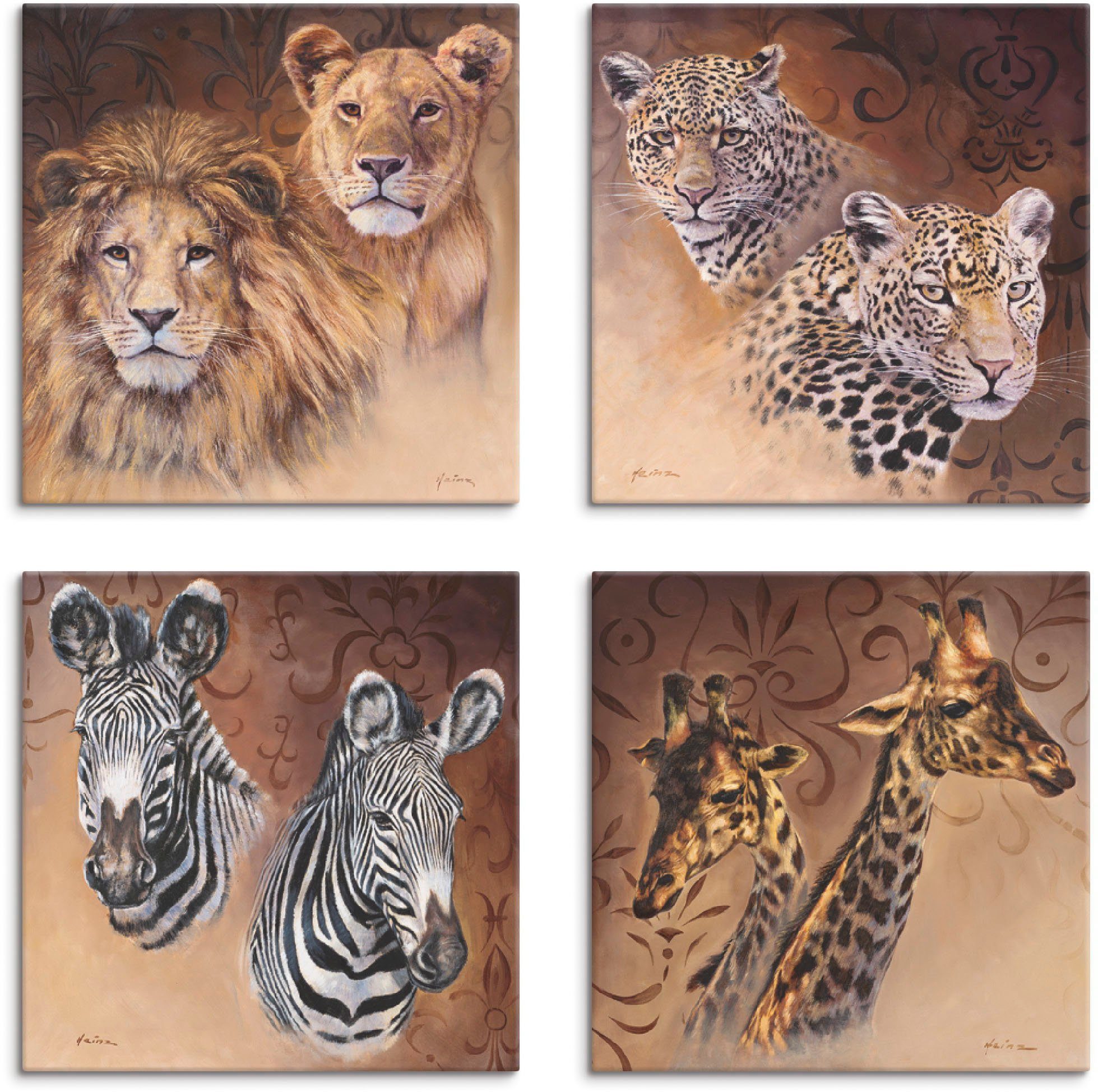 Artland Artprint op linnen Leeuwen luipaarden zebra giraffen (4 stuks)
