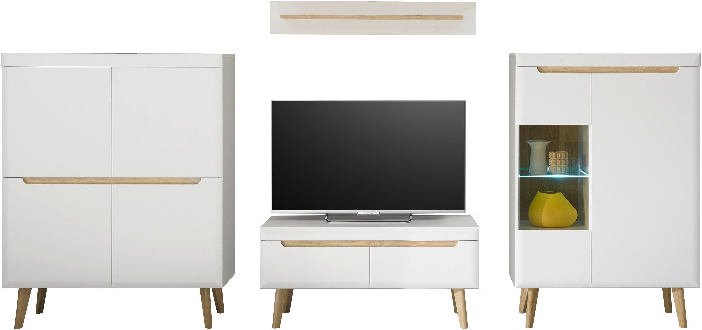 INOSIGN Wandmeubel Torge, wandmeubel, kastwand, mediawand, woonkamer-set bevat 1 vitrine, 1 lowboard, 1 highboard + 1 wandplank, 344 cm breed (set, 4-delig)