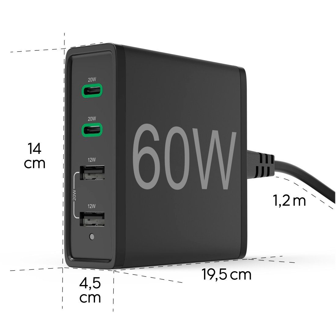 Hama USB-oplader USB oplaadstation met 4 poorten 60 watt oplader, 2x USB-C PD, 2x USB multi-poort