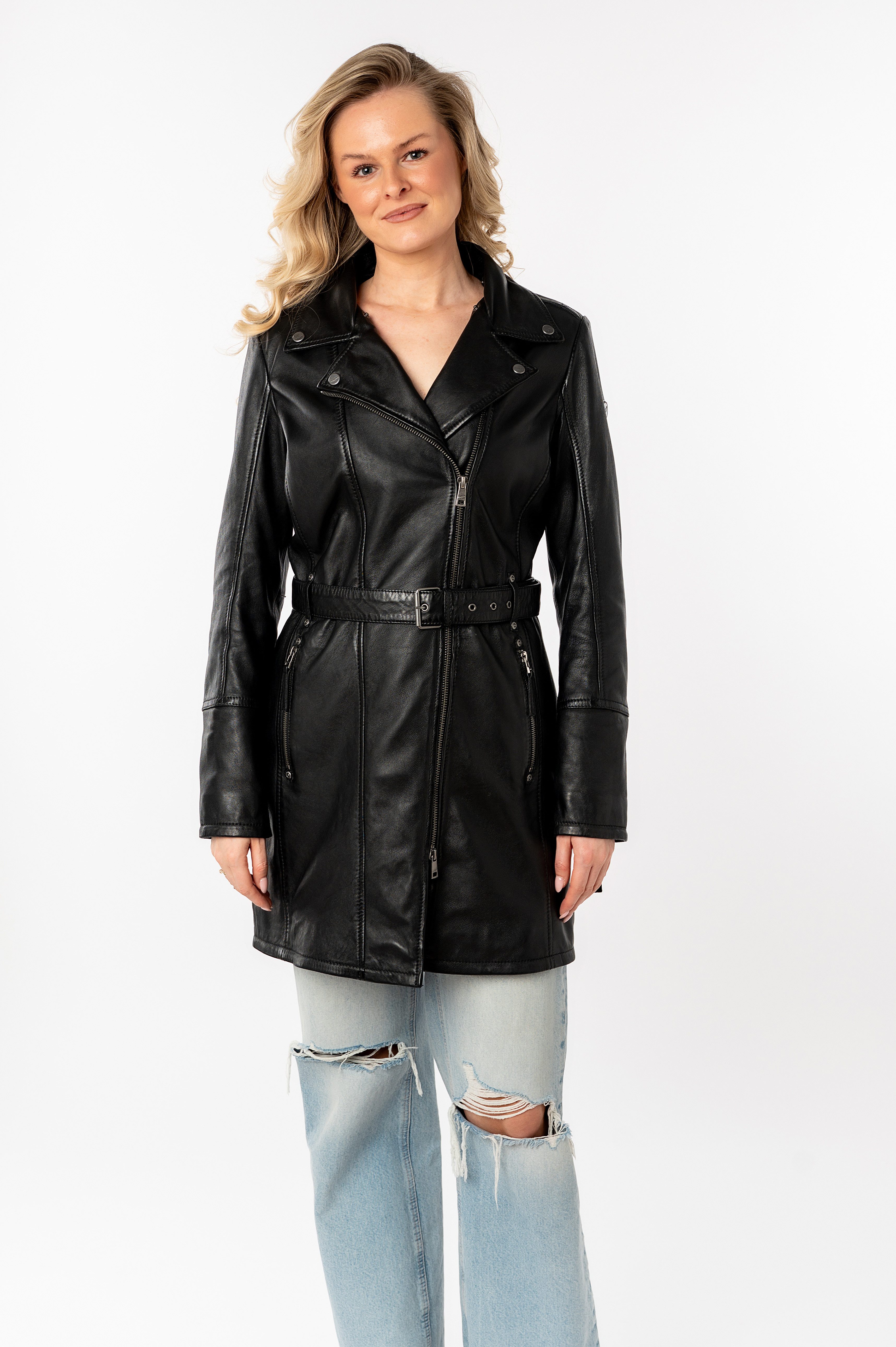 Mauritius Lange, leren jas Seneka2 met riem, afneembare jerseycapuchon en coole biker-details