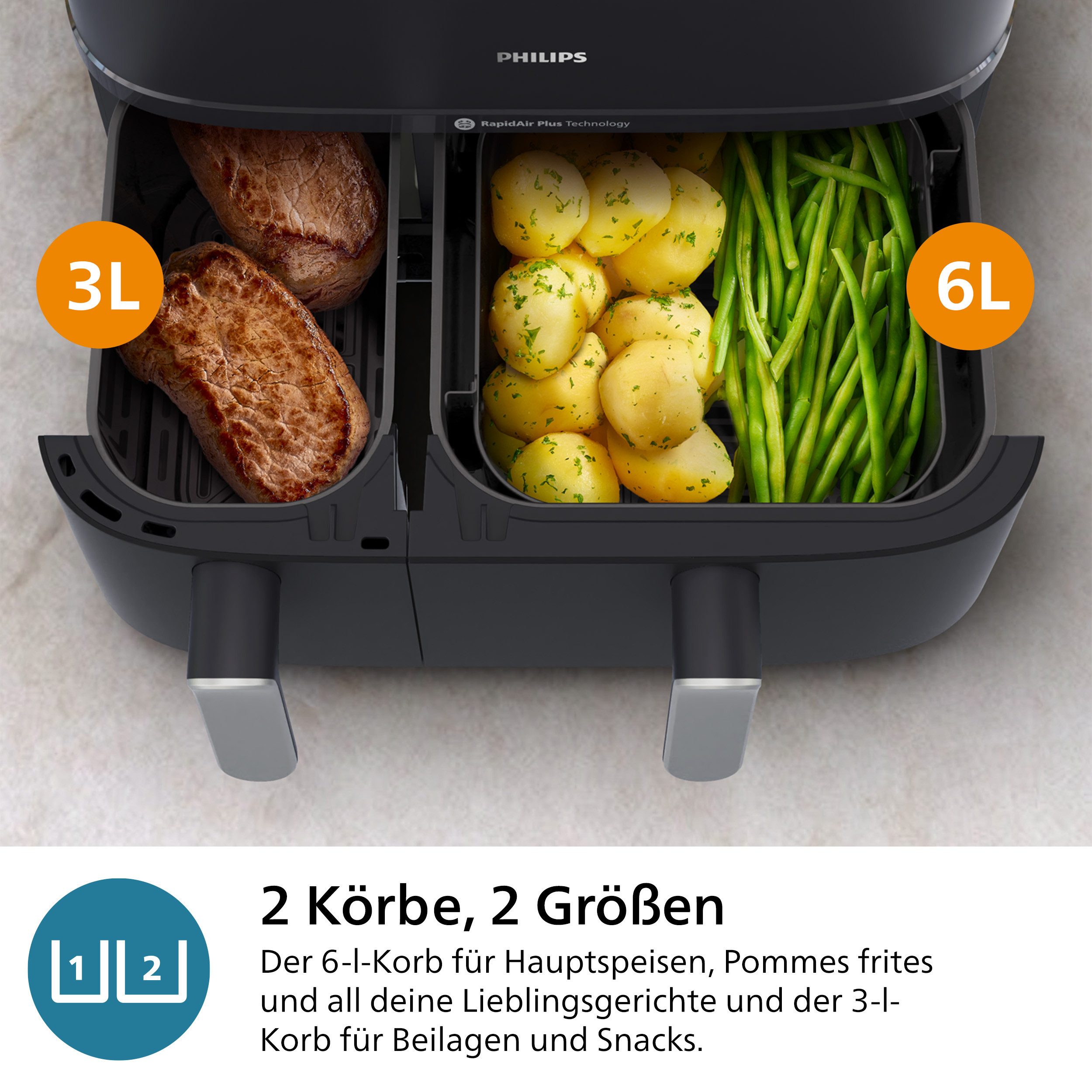Philips Airfryer Steam Airfryer 5000 Dual Basket NA555/00, Airfryen & Dampfgaren, 3L+6L