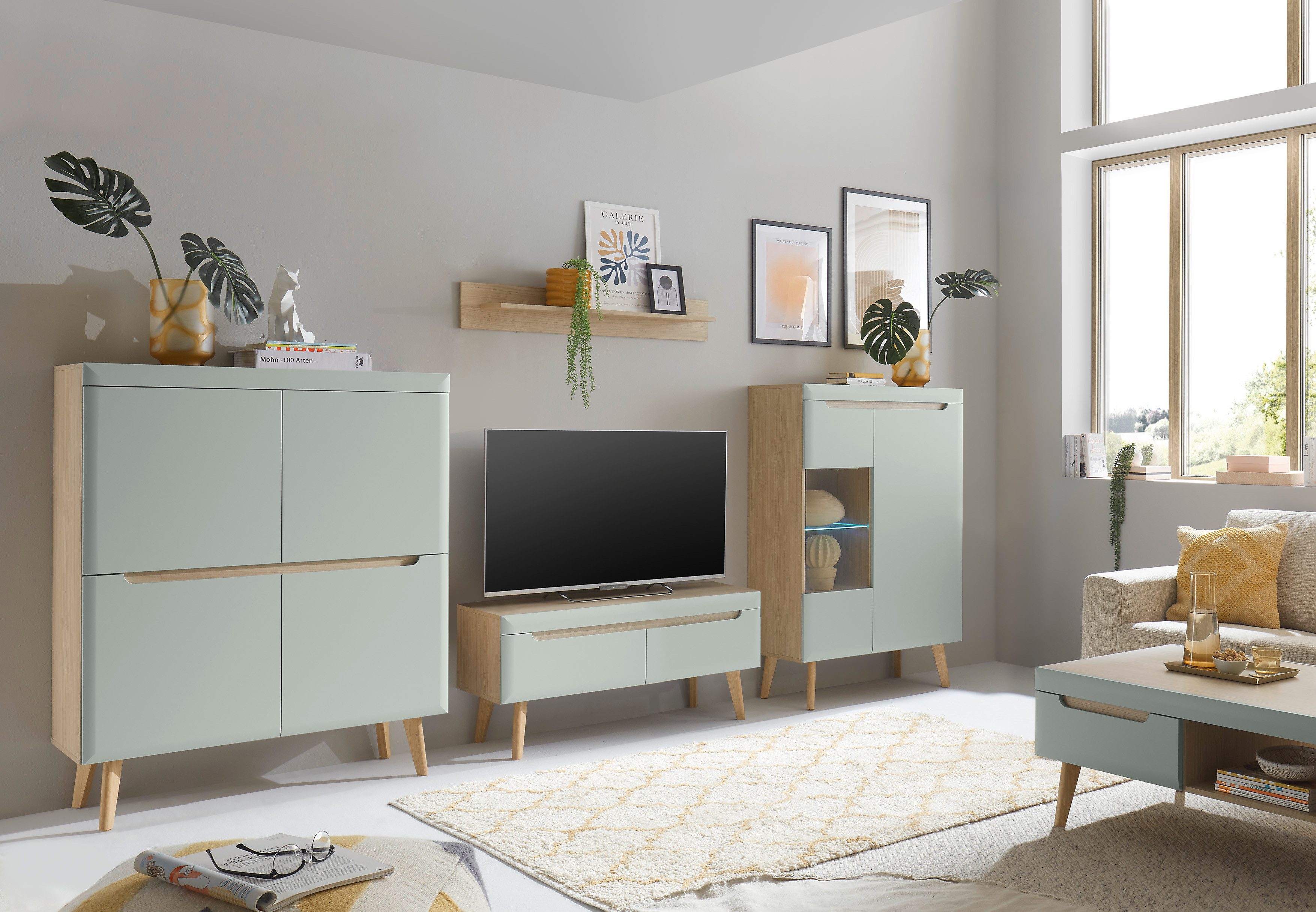 INOSIGN Wandmeubel Torge, wandmeubel, kastwand, mediawand, woonkamer-set bevat 1 vitrine, 1 lowboard, 1 highboard + 1 wandplank, 344 cm breed (set, 4-delig)