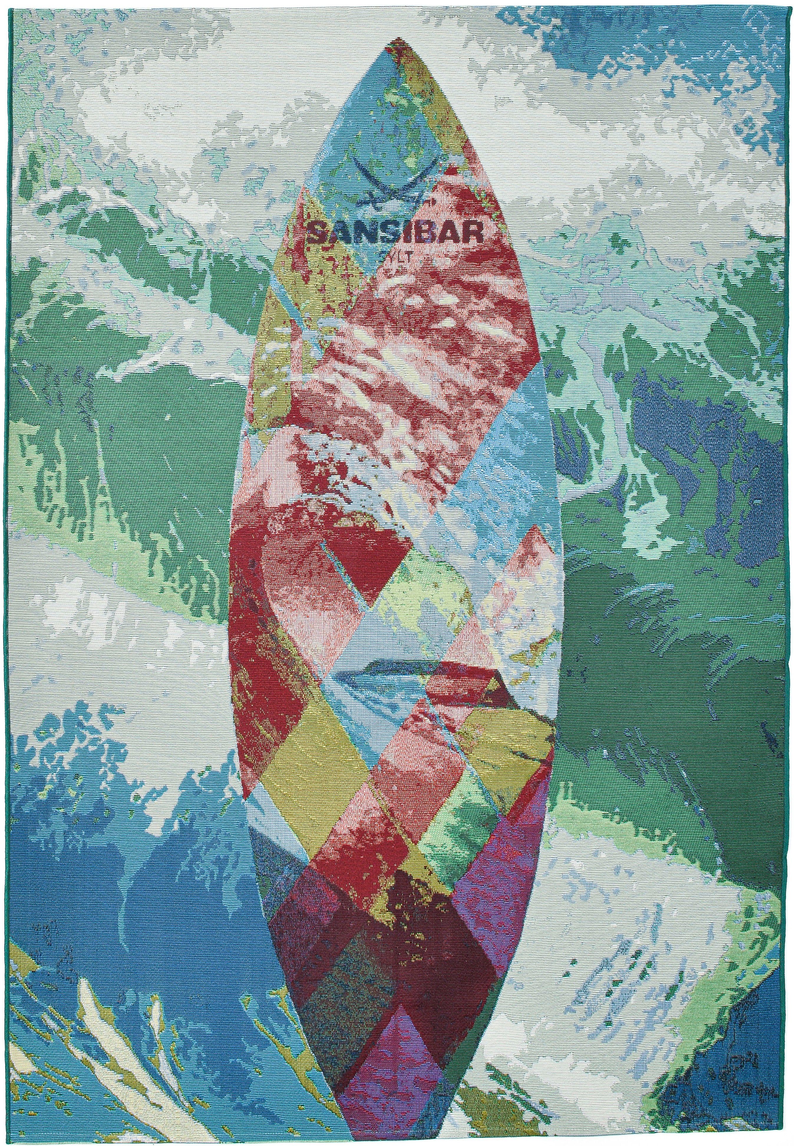 Sansibar Vloerkleed Rantum Beach SA-024 Vlakweefsel, modern ontwerp, motief Surfplank, In- & Outdoor geschikt
