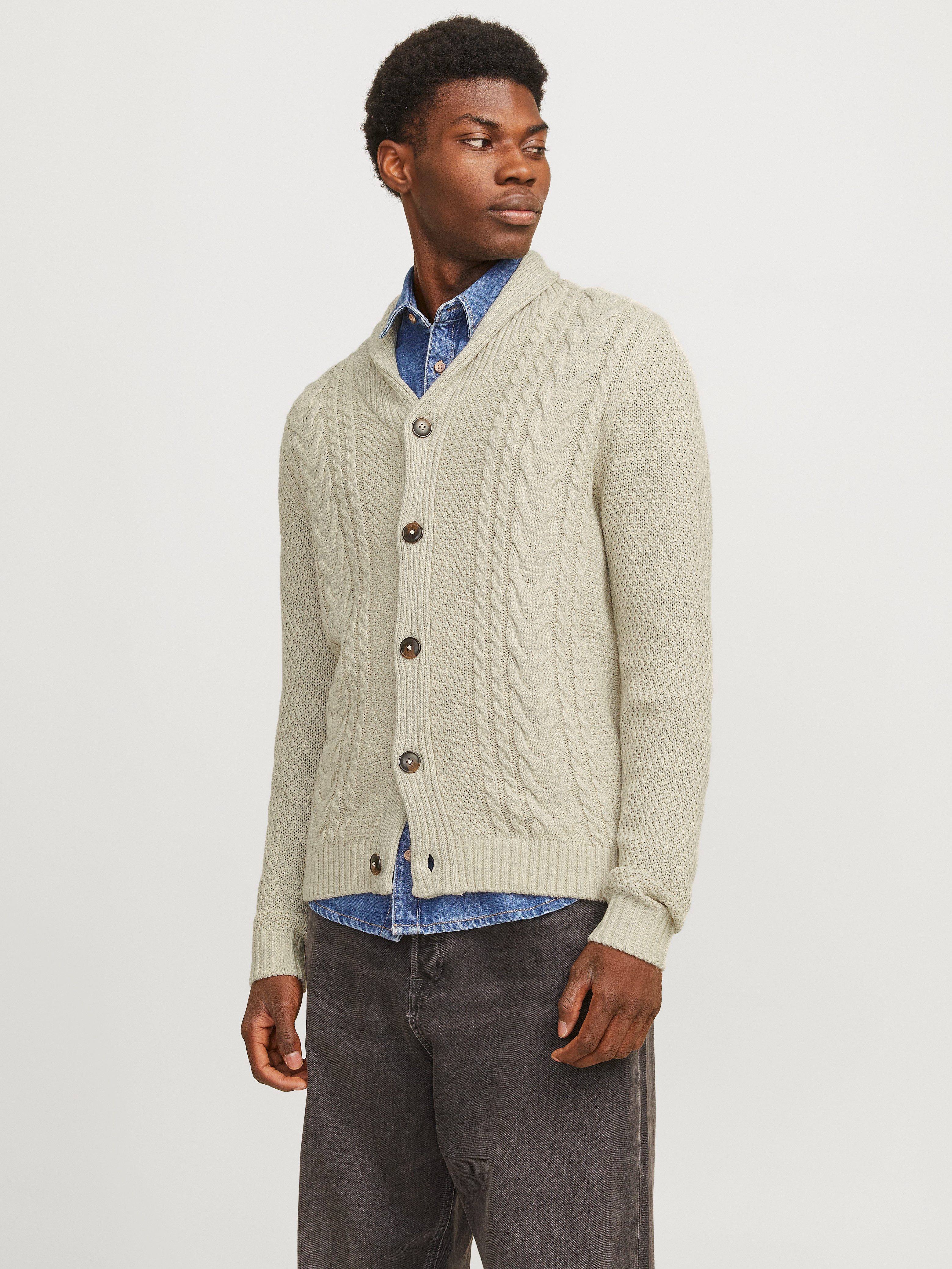 Jack & Jones Vest JJCRAIG KNIT SHAWL NECK AW24 met sjaalkraag en kabelpatroon