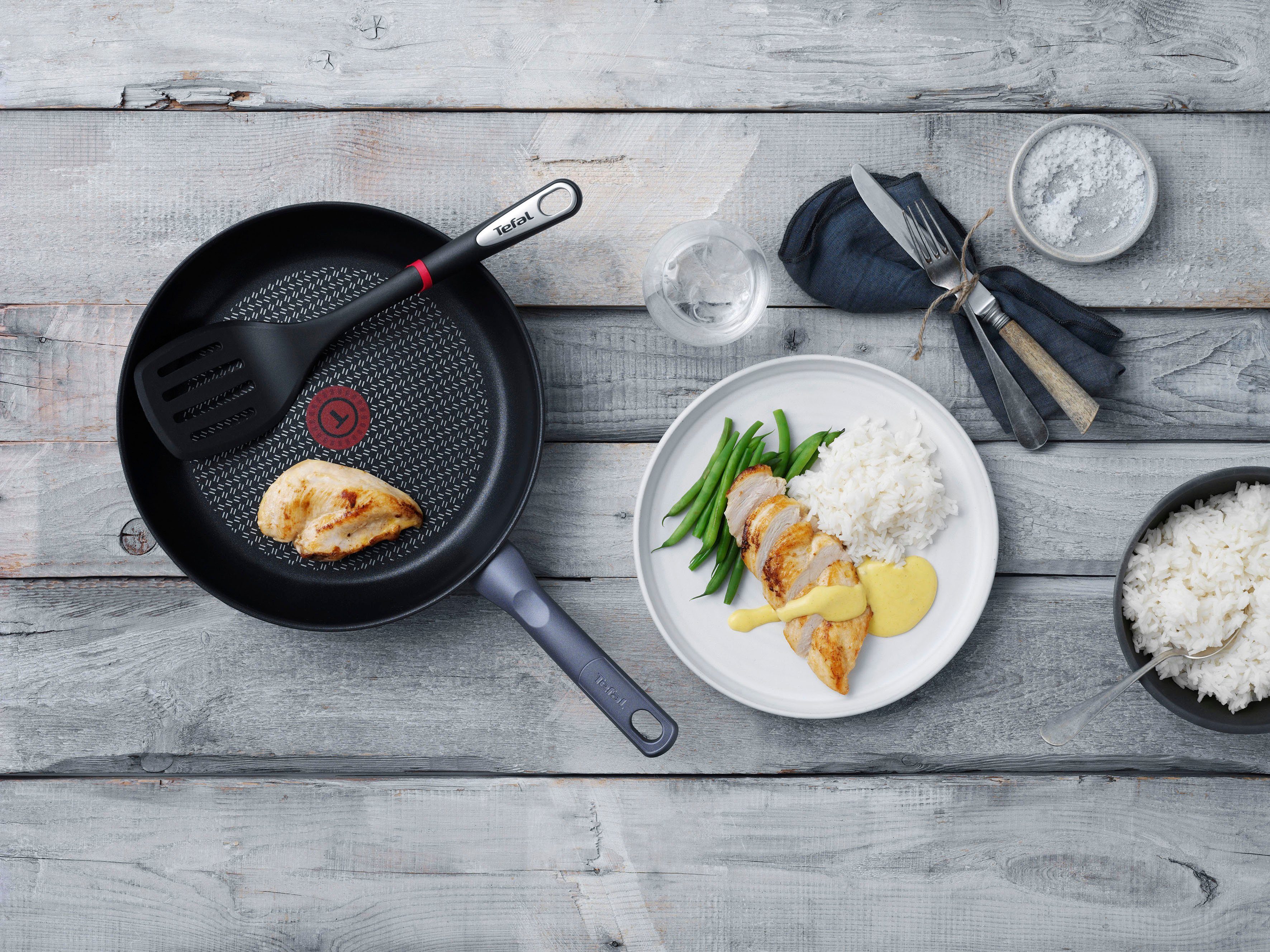 Tefal Pannenset Unlimited Ice Force kratzbestendige anti-aanbakverzegeling, thermo-signaal, inclusief accessoires (set, 5-delig)
