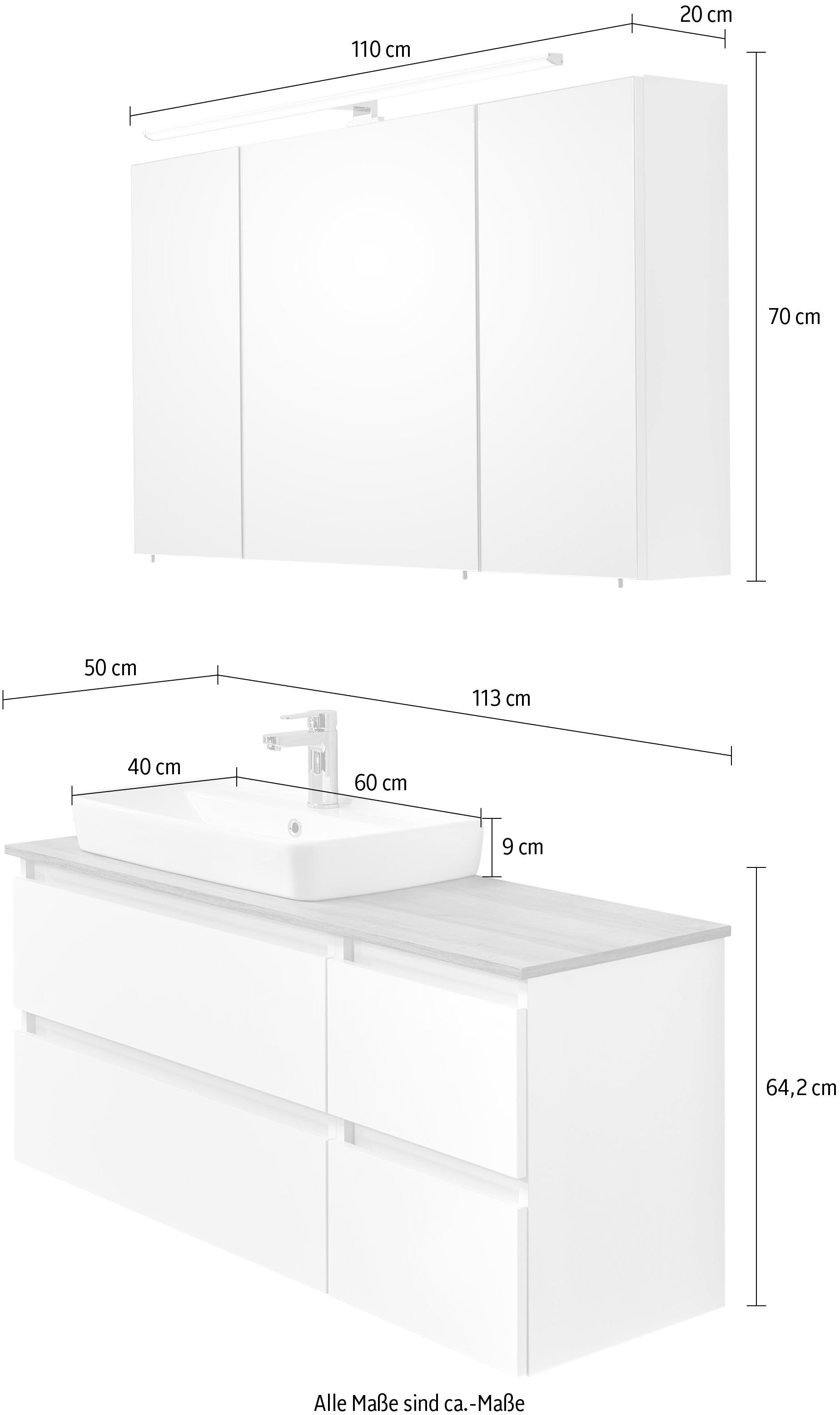 Saphir Badkamerserie Quickset 360 2-delig, keramische opzetwasbak met LED-spiegelkast (2-delig)