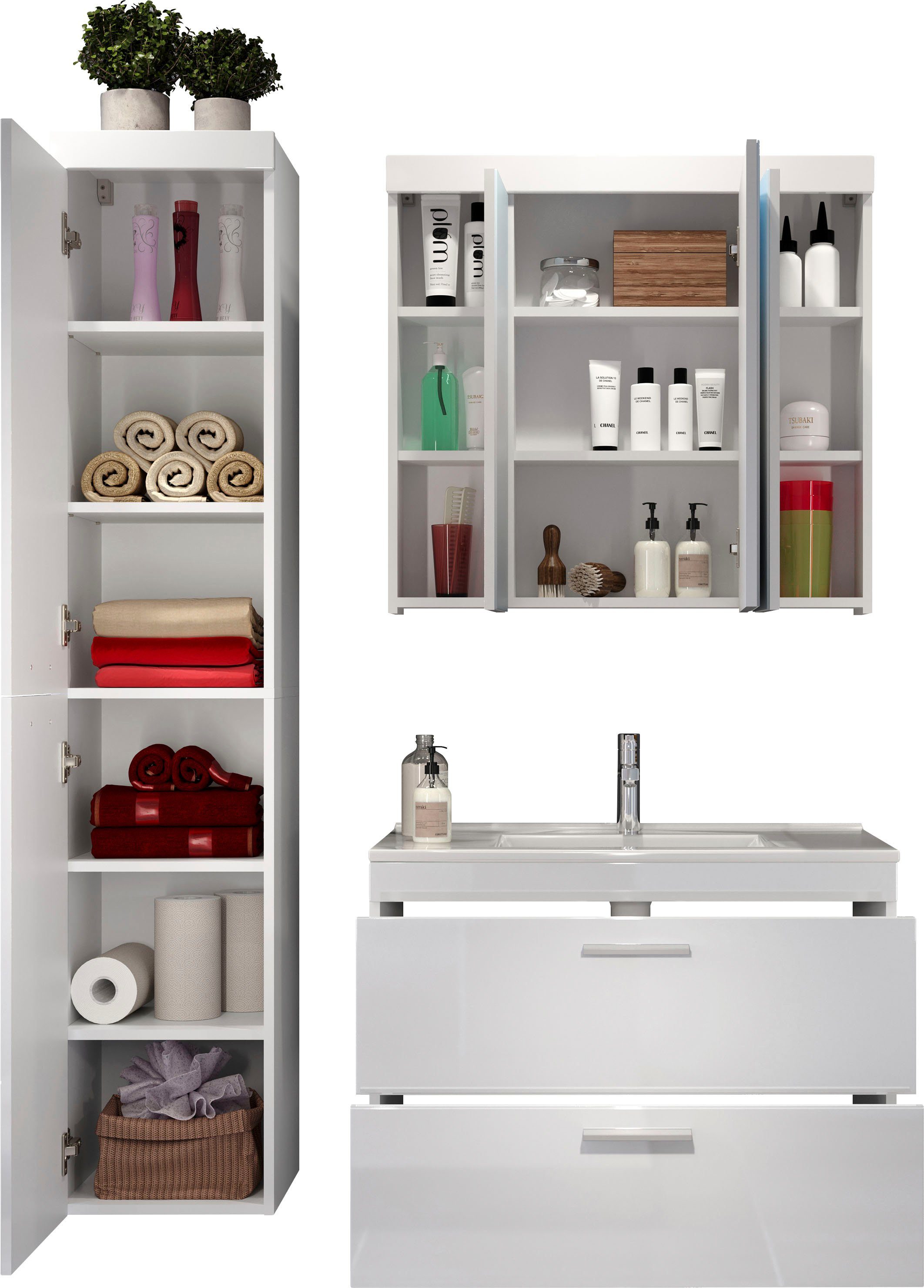 welltime Badkamerset Dormoletto Hangende badkamermeubels met inbouwwastafel in wit hoogglans (4-delig)