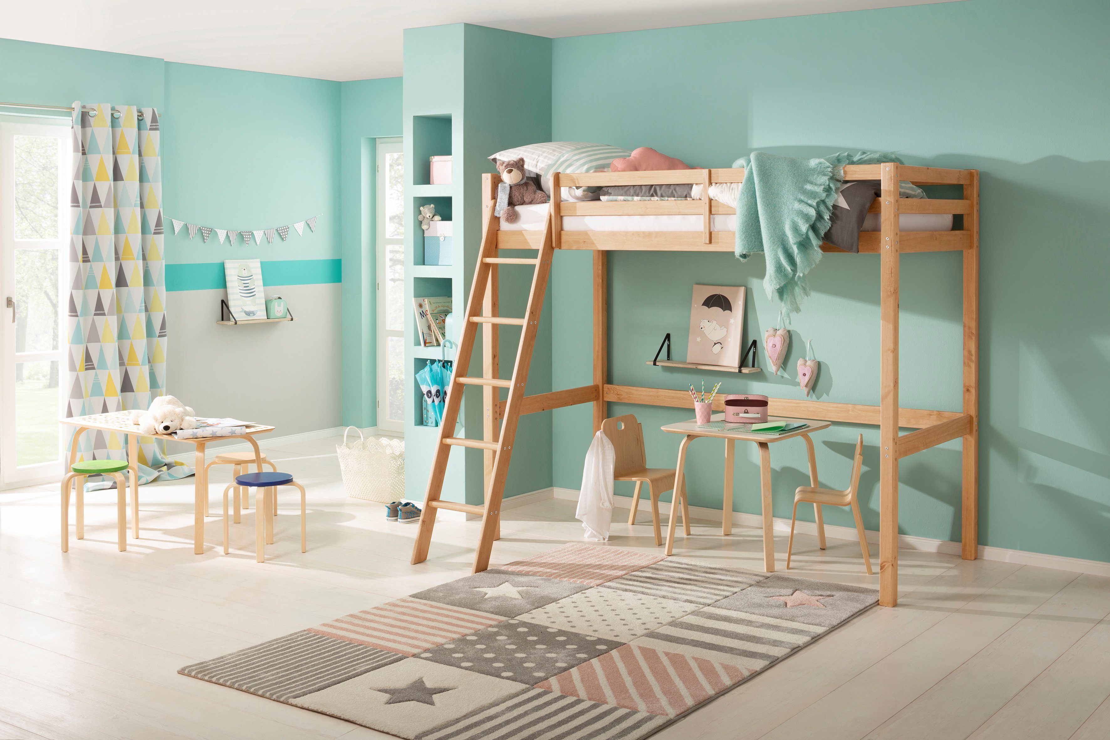 Lüttenhütt Kinderledikant Alpi Grenenhout, inclusief ladder en lattenbodem, ligoppervlak 90x200 cm eenpersoonsbedden beige