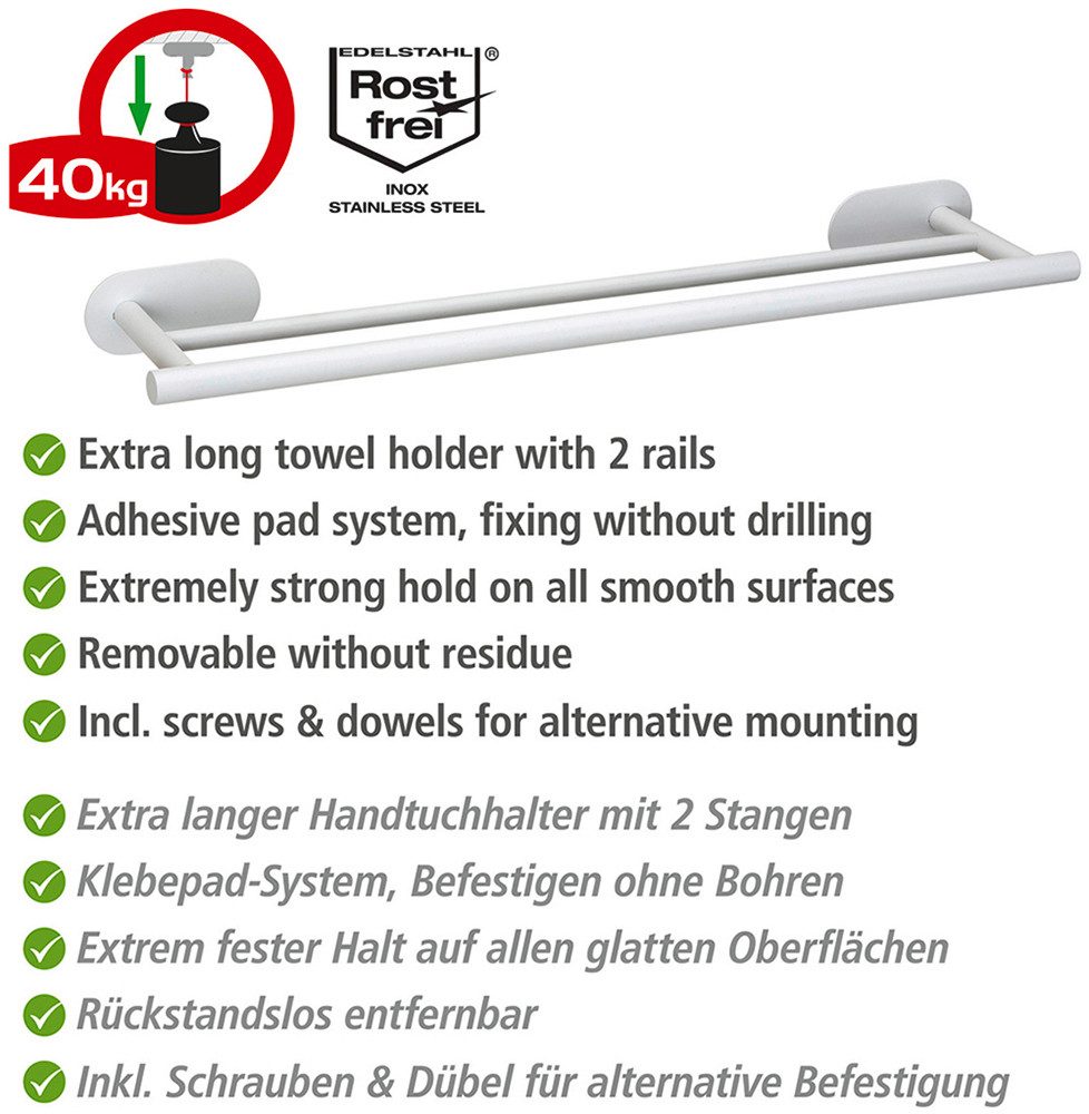 WENKO Dubbele handdoekhouder Turbo-Loc® model Duo Orea van roestvrij staal, bevestiging zonder boren, 60 cm