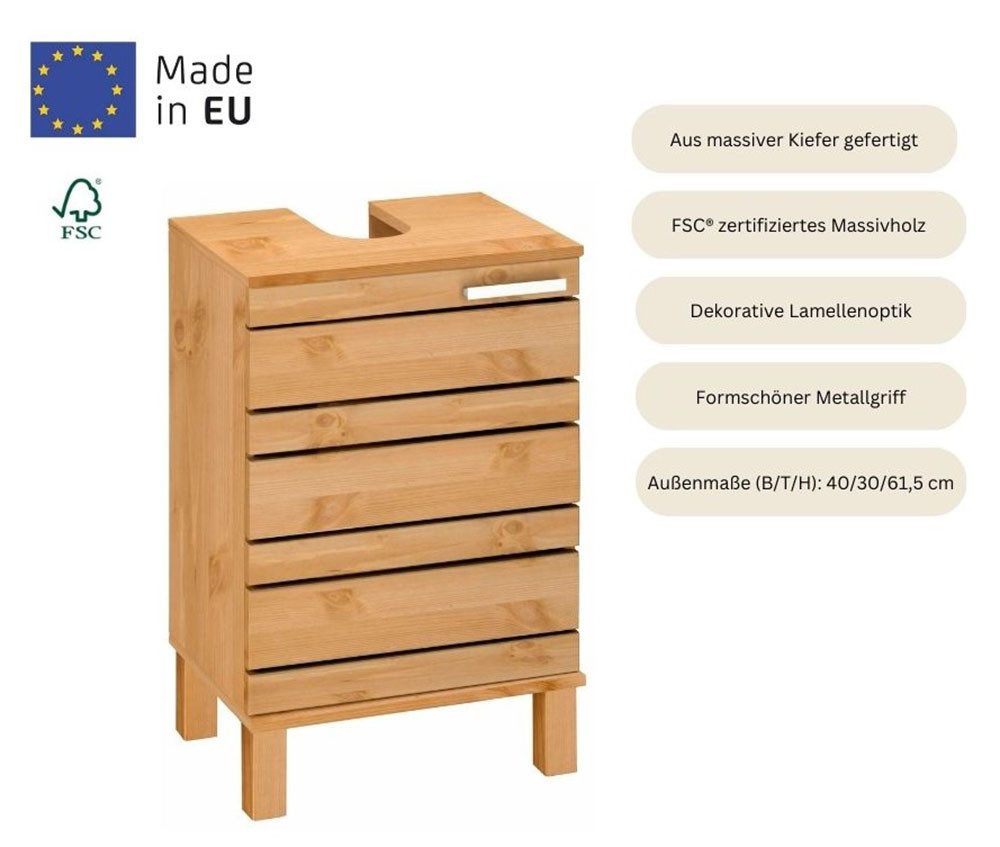 Home affaire Wastafelonderkast Josie Breedte 40 cm, van massief hout, metalen greep, 1 deur
