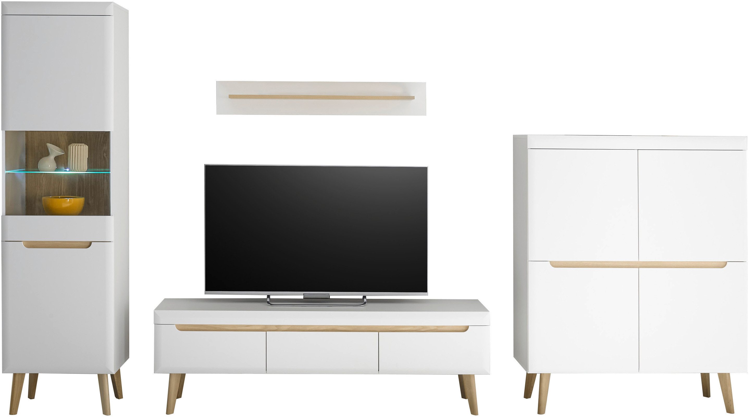 INOSIGN Wandmeubel Torge, wandmeubel, kastwand, mediawand, woonkamer-set bevat 1 vitrine, 1 lowboard, 1 highboard + 1 wandplank, 360 cm breed (set, 4-delig)