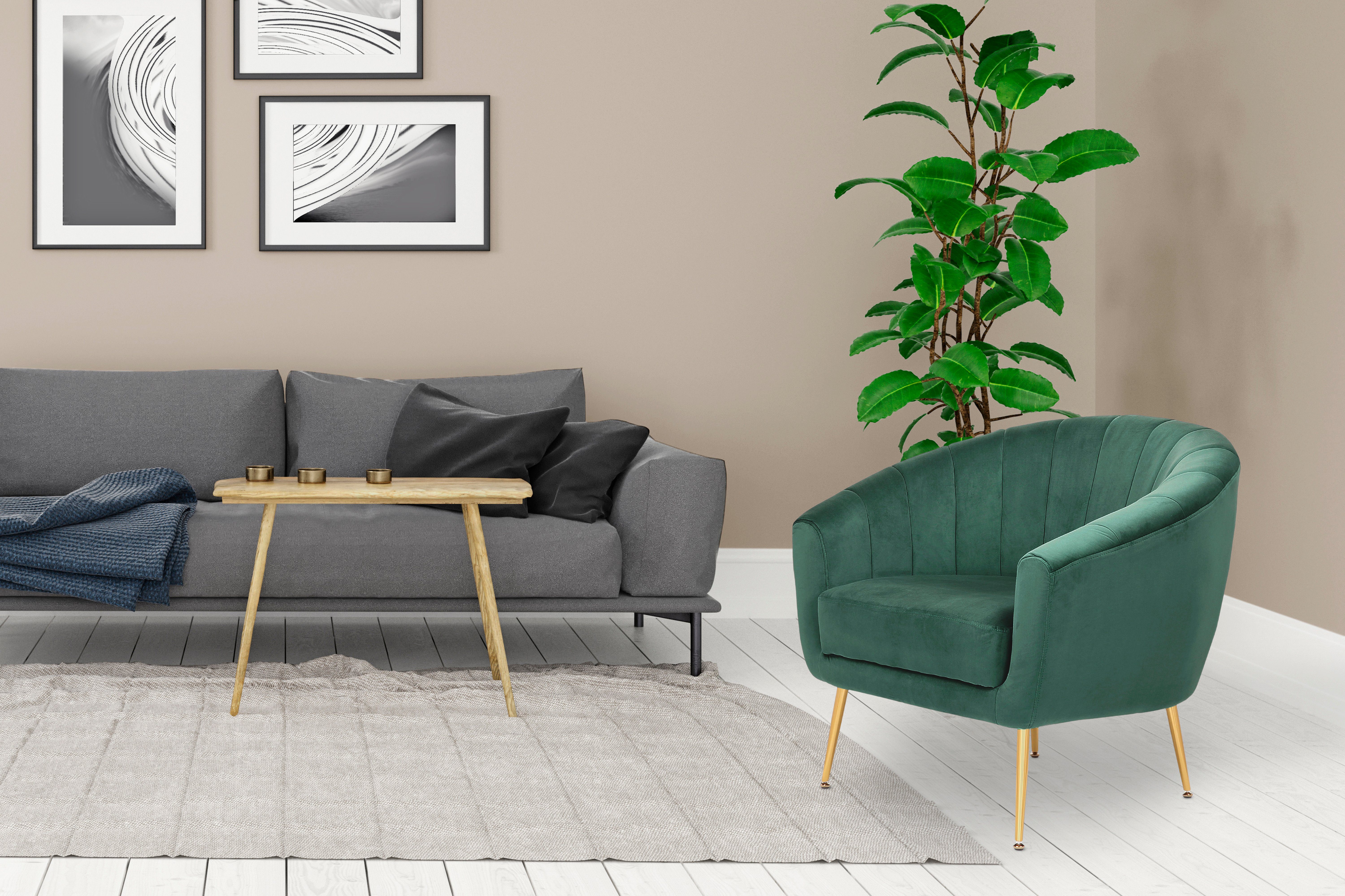 Kayoom Fauteuil Sofa Doreen 125, comfortabele fauteuil, eentonig ontwerp modern, ruimtebesparend, onderhoudsvriendelijk, fluwelen bekleding van stof (1 stuk)