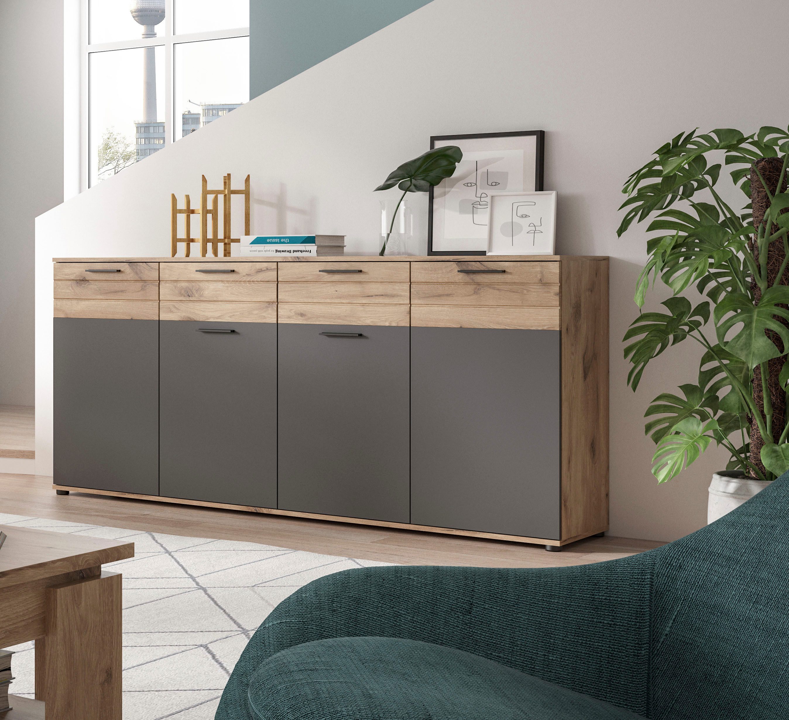 INOSIGN Dressoir Riga, Breedte 180 cm, 4 Deuren, 2 Lades, 6 Planken, 10 Vakken hoogwaardige groeffrezen, met softclose, commode, dressoir, kast