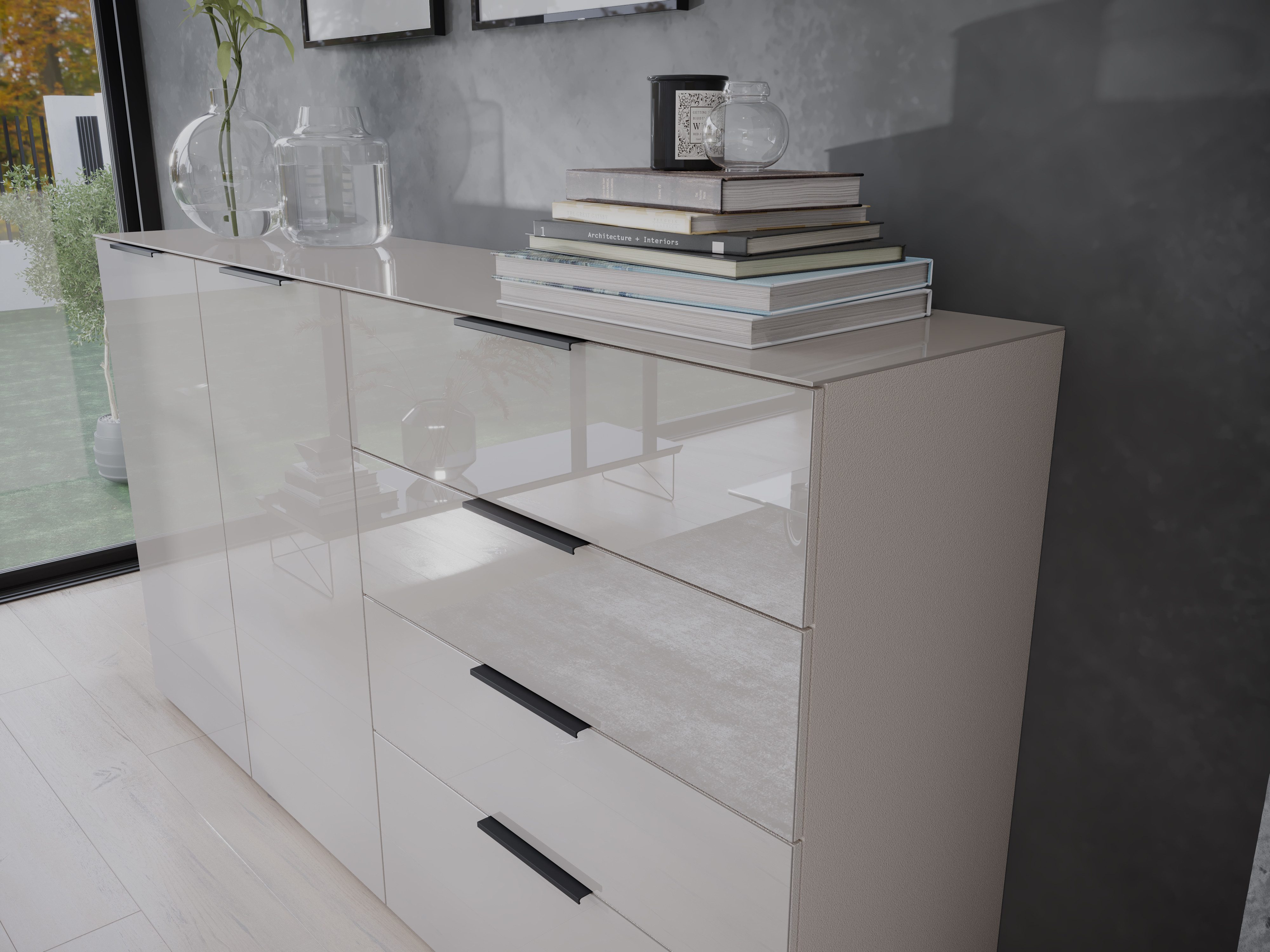 GERMANIA Dressoir OAKLAND in 2 breedten, fronten en bovenblad met glas-inlay