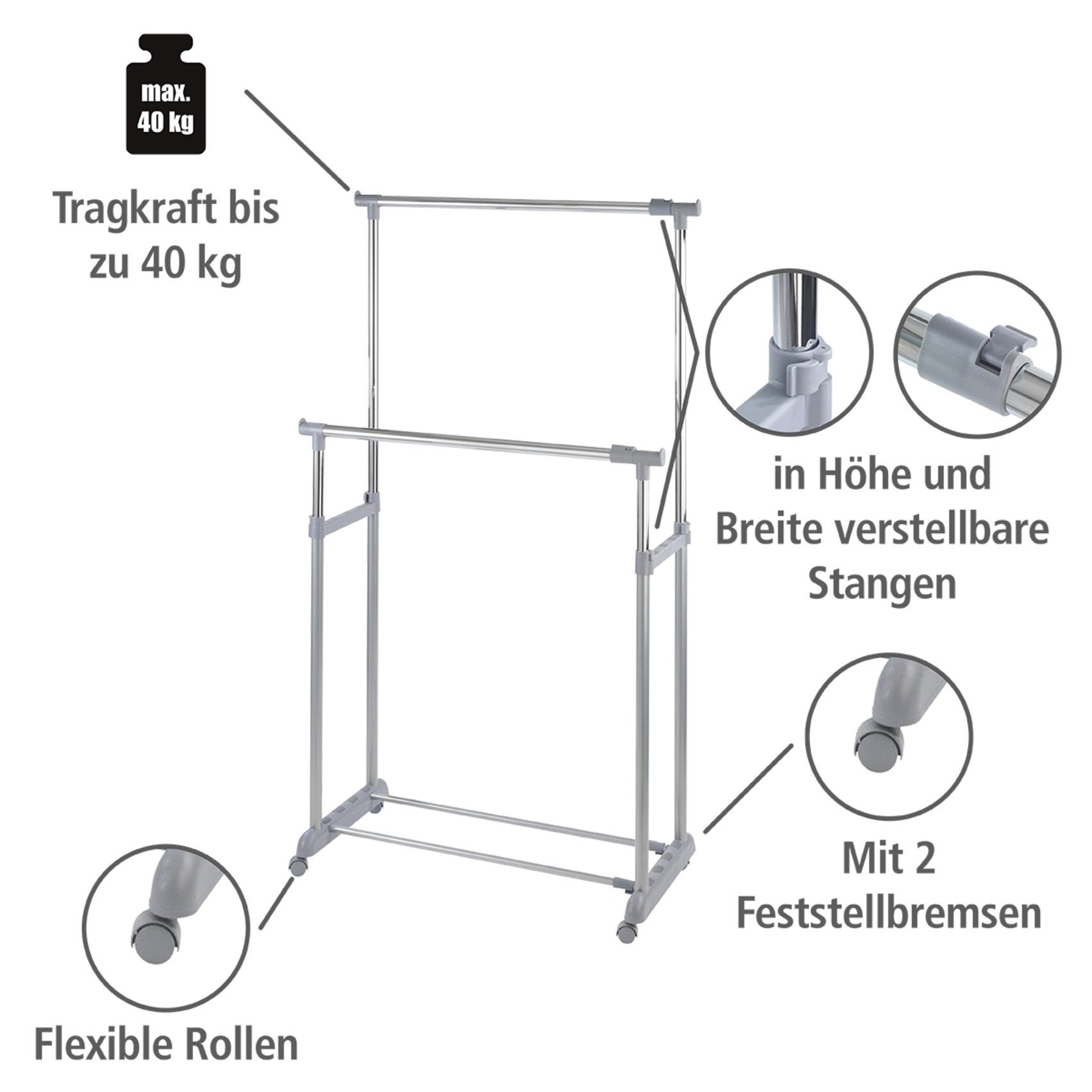 WENKO Staande kapstok Twin bars Kledingrek met 2 stangen, hoogte verstelbaar, met 4 wielen