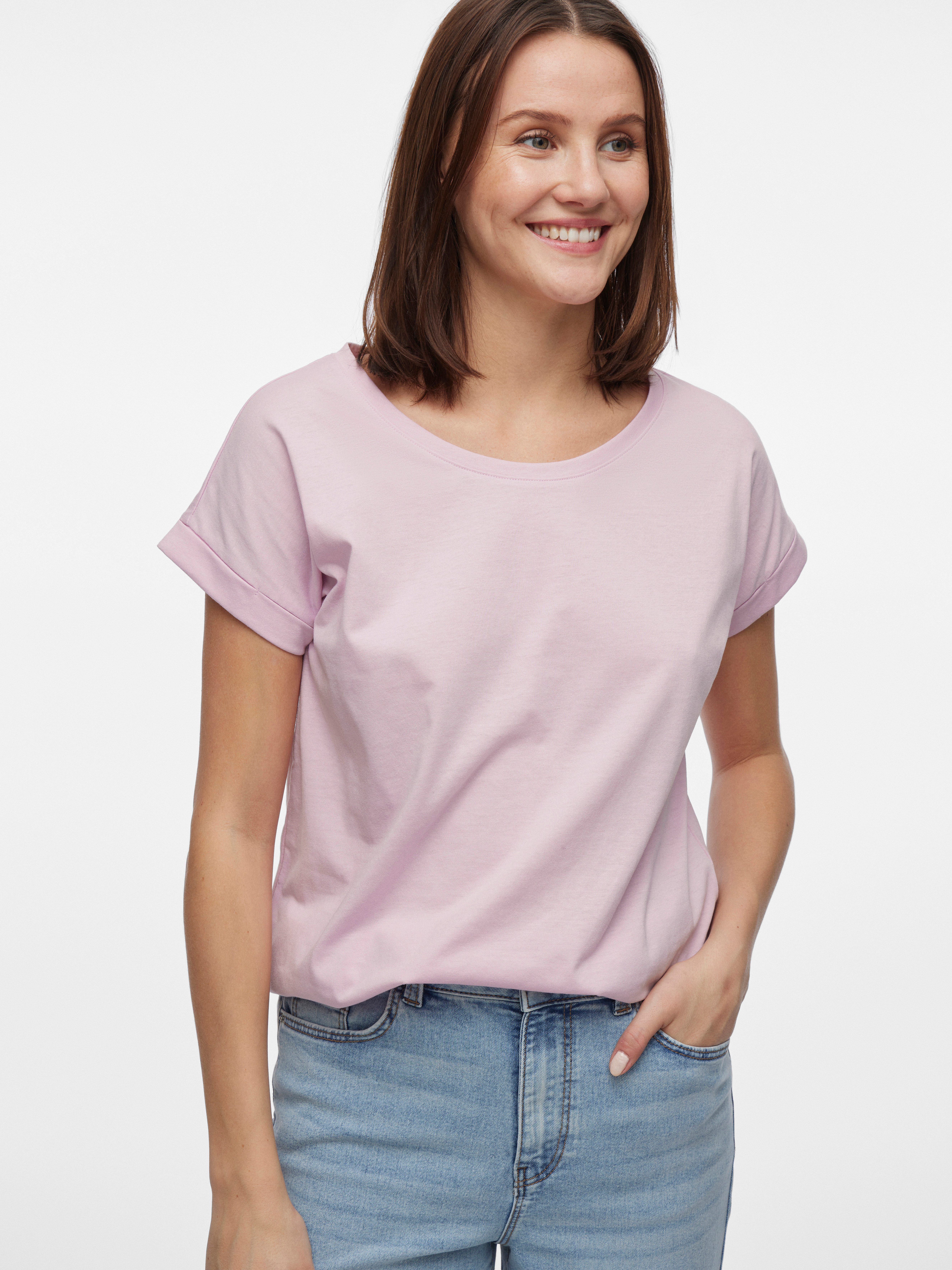 Vila Shirt met ronde hals VIDREAMERS NEW PURE T-SHIRT SU-NOOS Basic dames T-shirt met ronde hals en omgeslagen mouwen