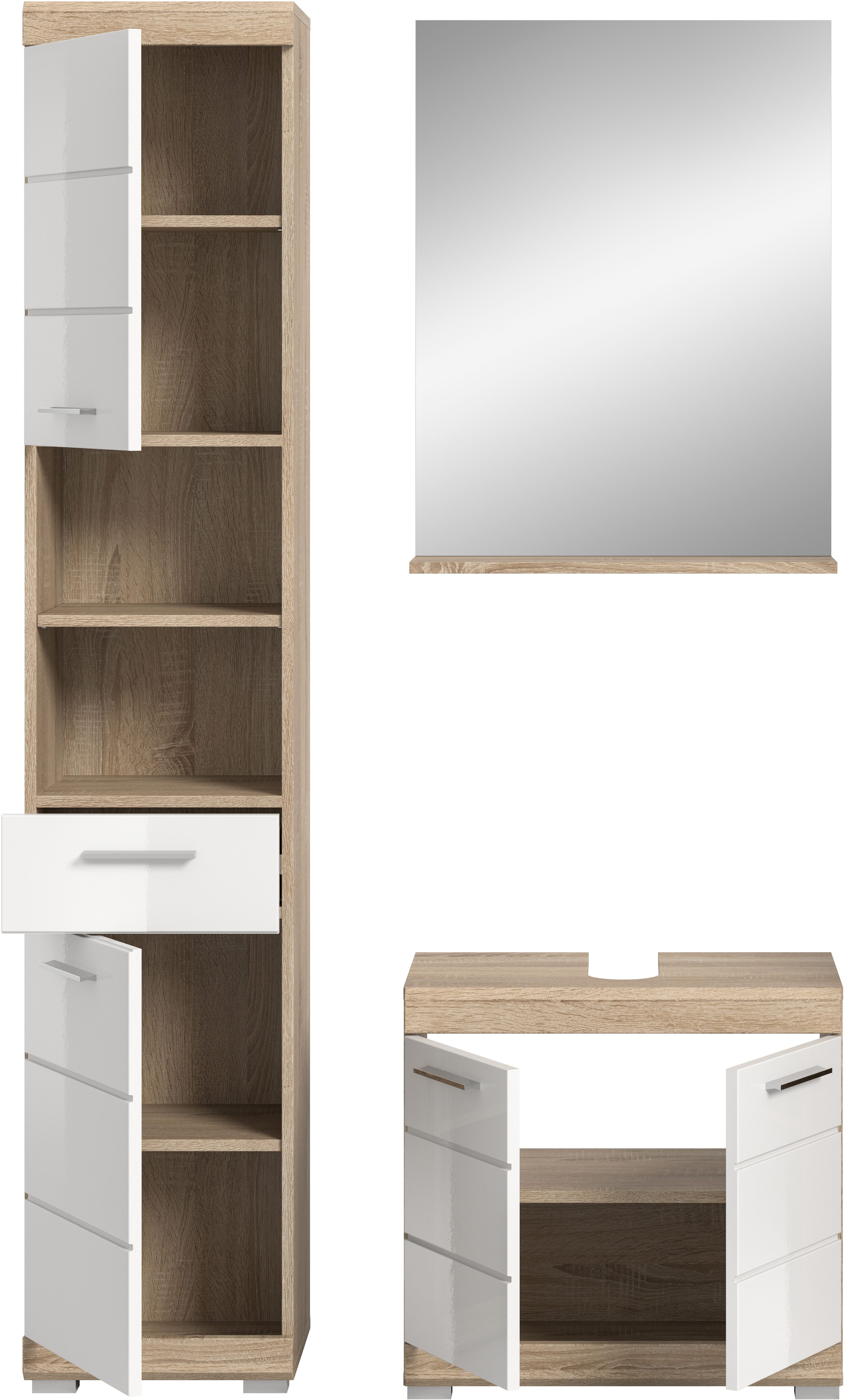 INOSIGN Badkamerserie Siena, 3-delig, bestaande uit: Hoge kast, wastafelonderkast, spiegel (set, 3-delig)