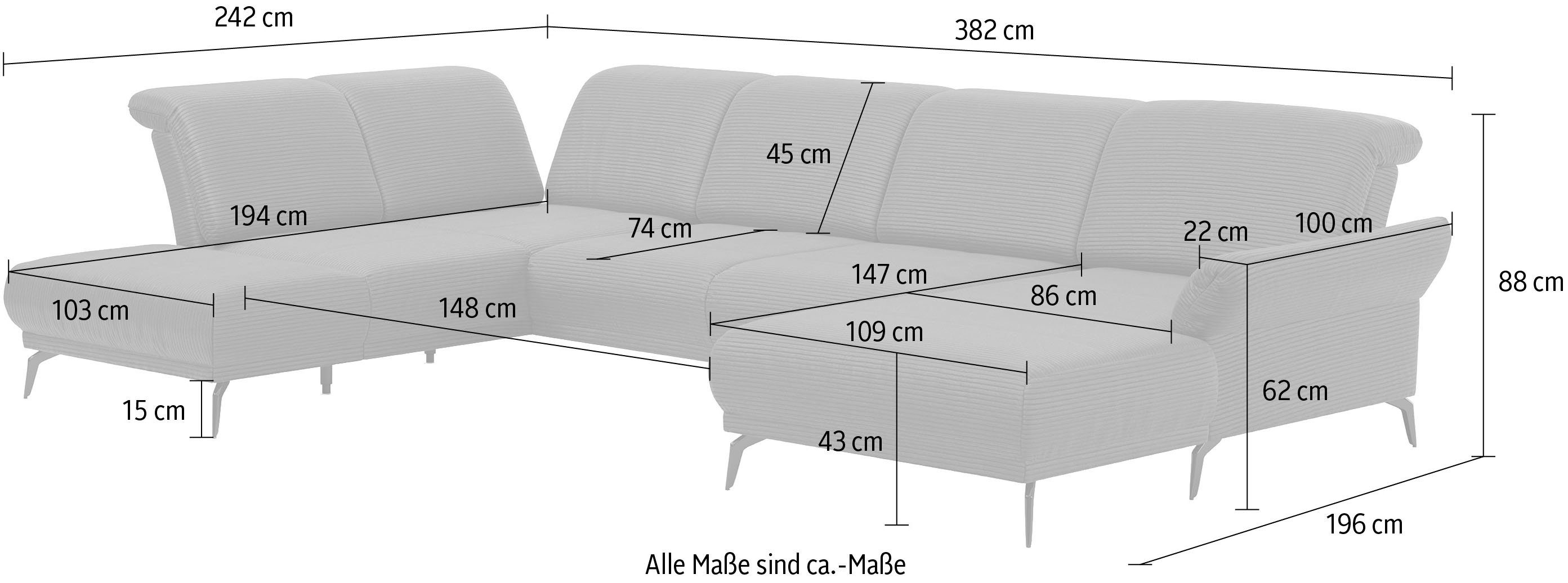 INOSIGN Zithoek Coco U-vorm Verstelbare zitdiepte, armleuning en hoofdeind, cordbekleding, poothoogte 15 cm