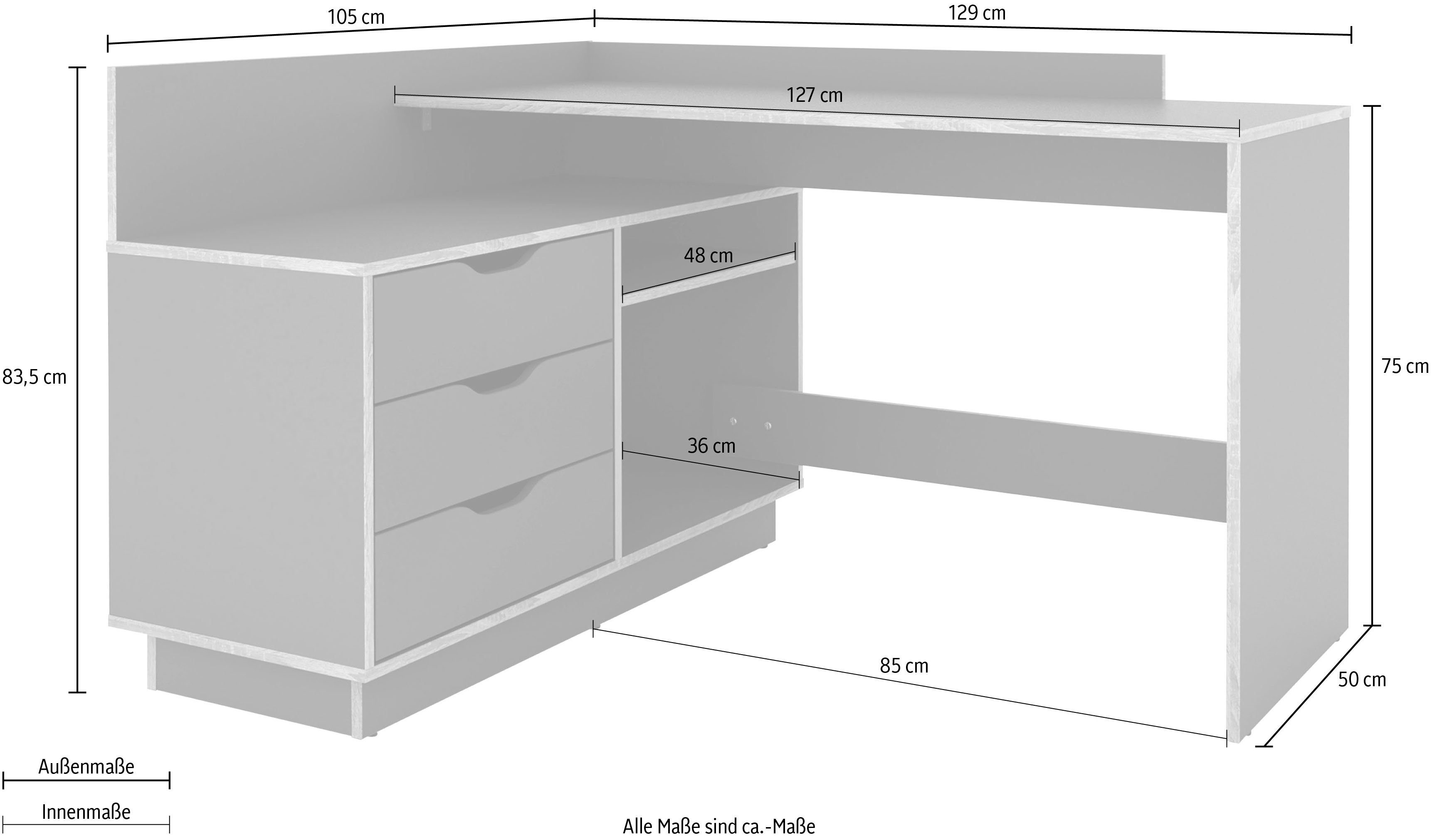 byLIVING Hoekbureau Bern met veel opbergruimte, breedte 129 cm, rechts of links monteerbaar