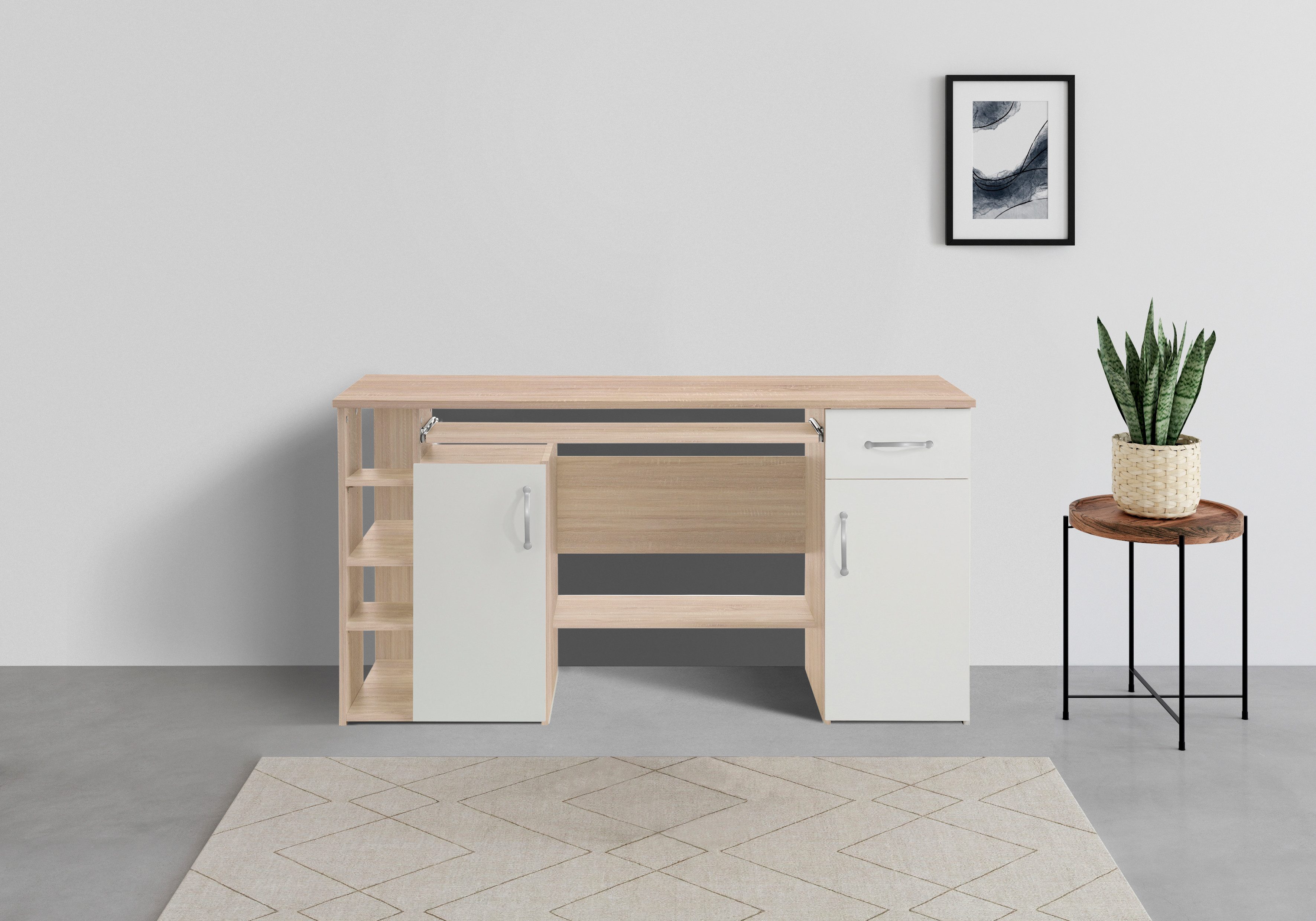 VOGL Möbelfabrik Bureau Tim met zijopen vakken & toetsenborduitrekking, Printerstandaard, 1 lade, breedte 138 cm, gemaakt in Duitsland
