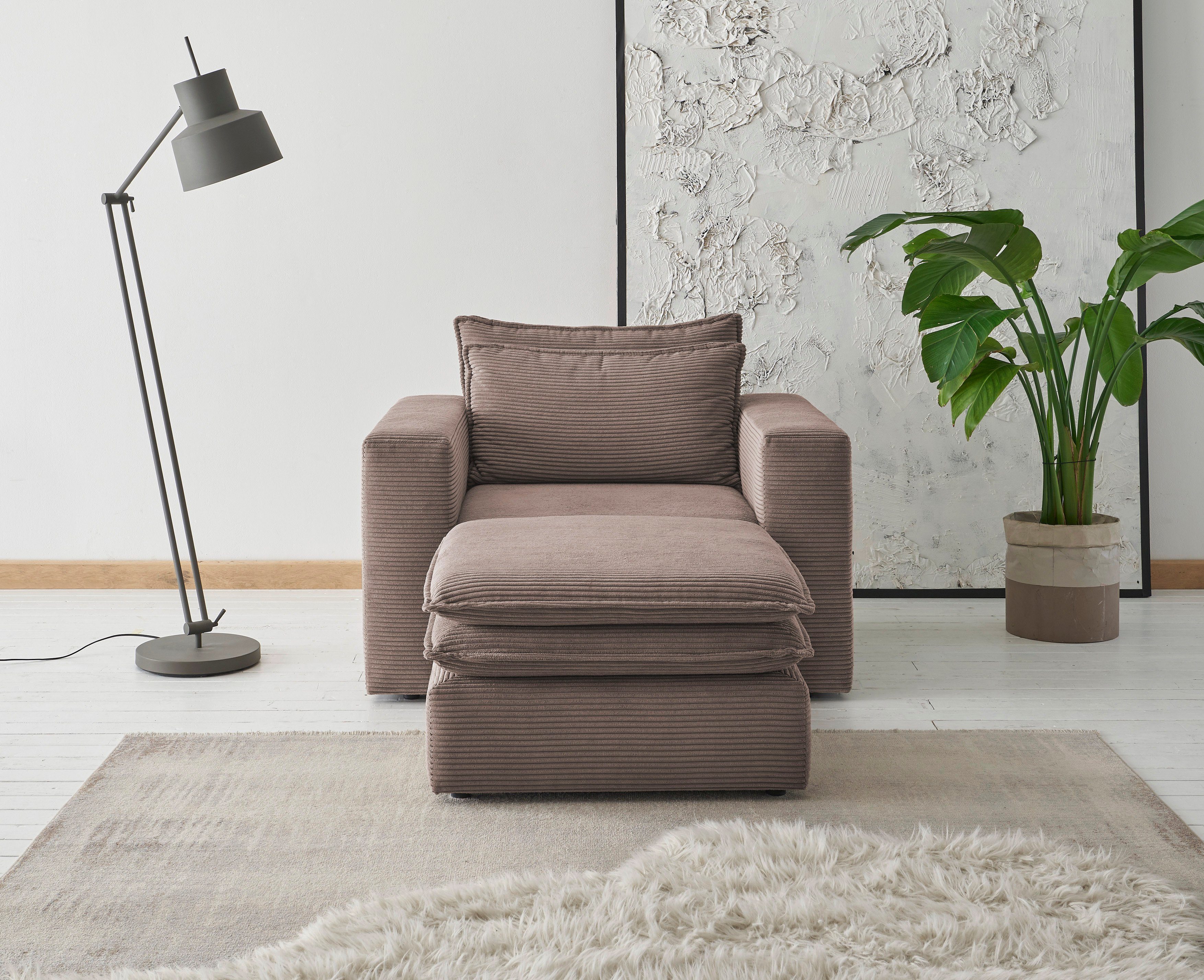 Places of Style Zithoek PIAGGE Hoogwaardige cord, fauteuil en hocker klein als set (2-delig)