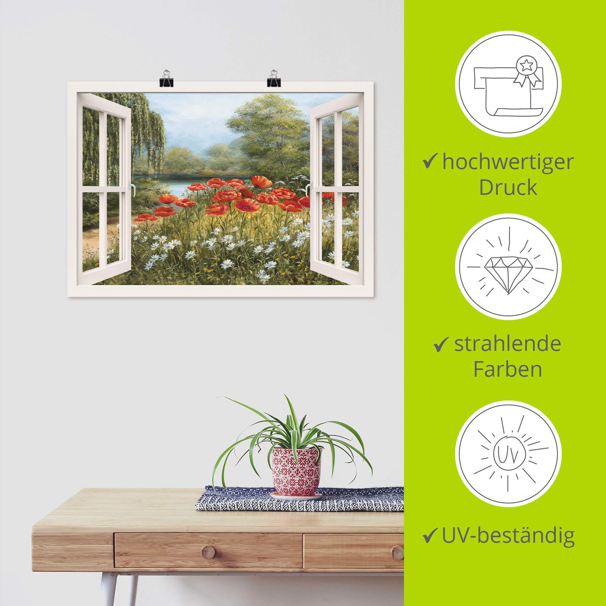 Artland Artprint Blik uit het venster klaproosweide als artprint op linnen, poster in verschillende formaten maten