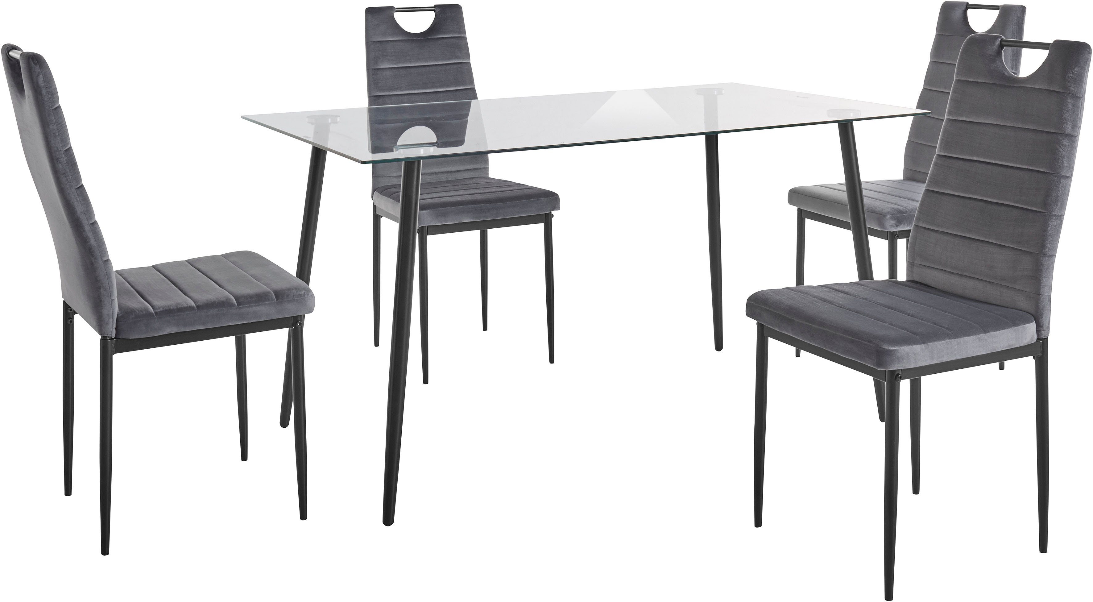 INOSIGN Eethoek Glazen tafel, breedte 140 cm en 4 eetkamerstoelen, bekleding van fluweel (set, 5-delig)