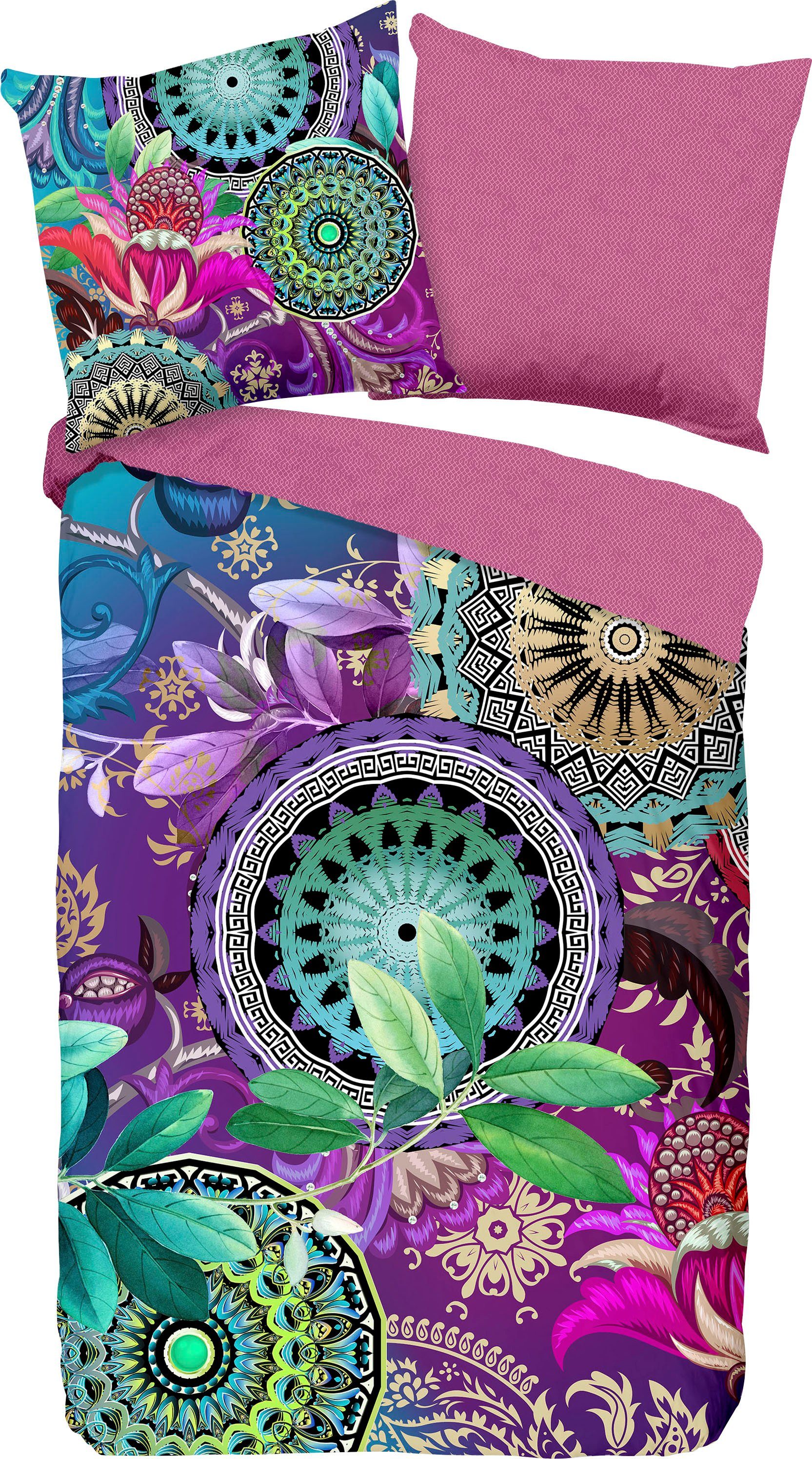 hip Tweezijdig te gebruiken overtrekset Axelle Mako-satijn, 135x200, Rits, Omkeerbaar, Mandala, Kleurrijk, Paars