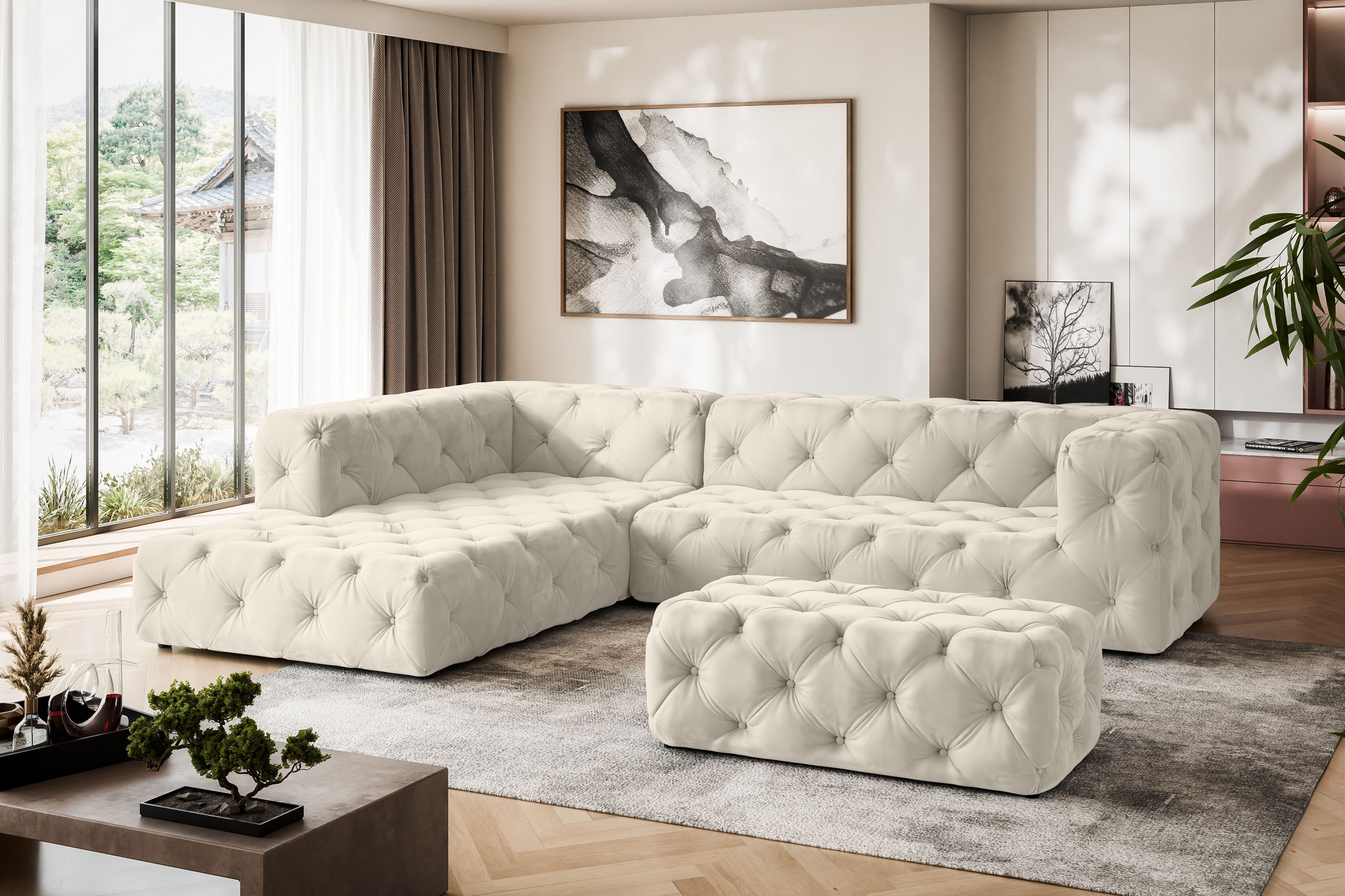Places of Style Hocker FOLLINA Beklede poef met klassieke Chesterfield-knopafwerking