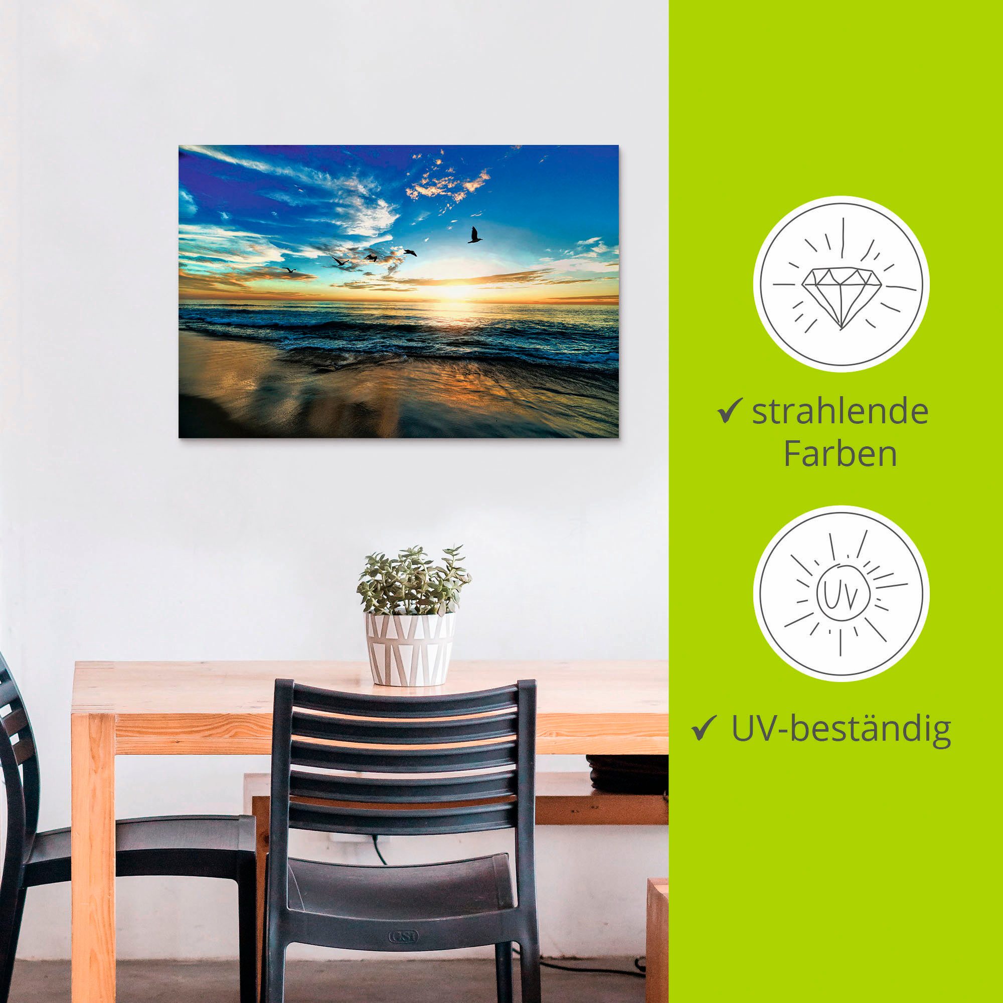 Artland Artprint Strand meeuwen zee zonsondergang als artprint van aluminium, artprint voor buiten, artprint op linnen, poster, muursticker