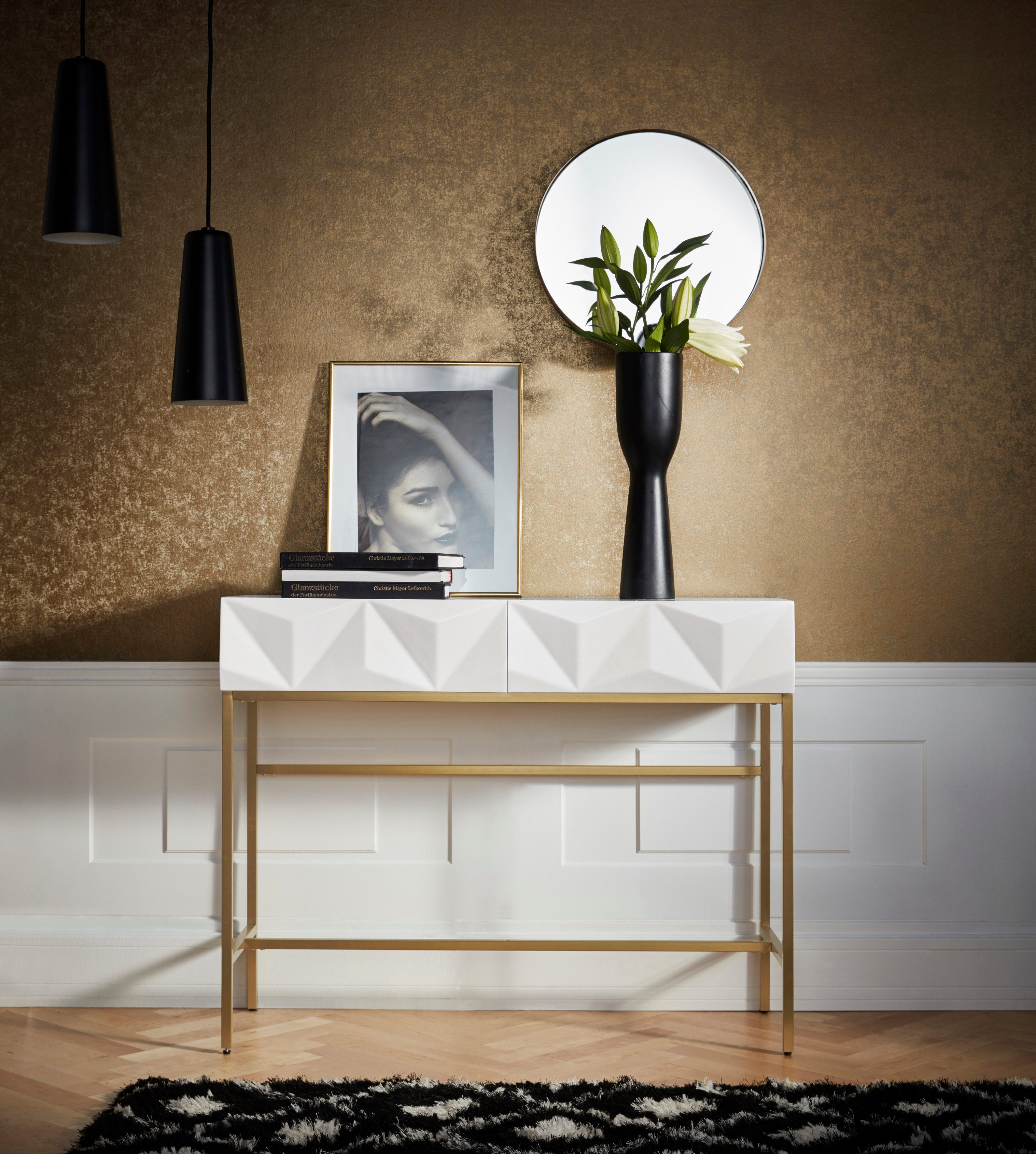 Leonique Dressoir Minfi in 3d-look, sidetable met goudkleurig metalen frame
